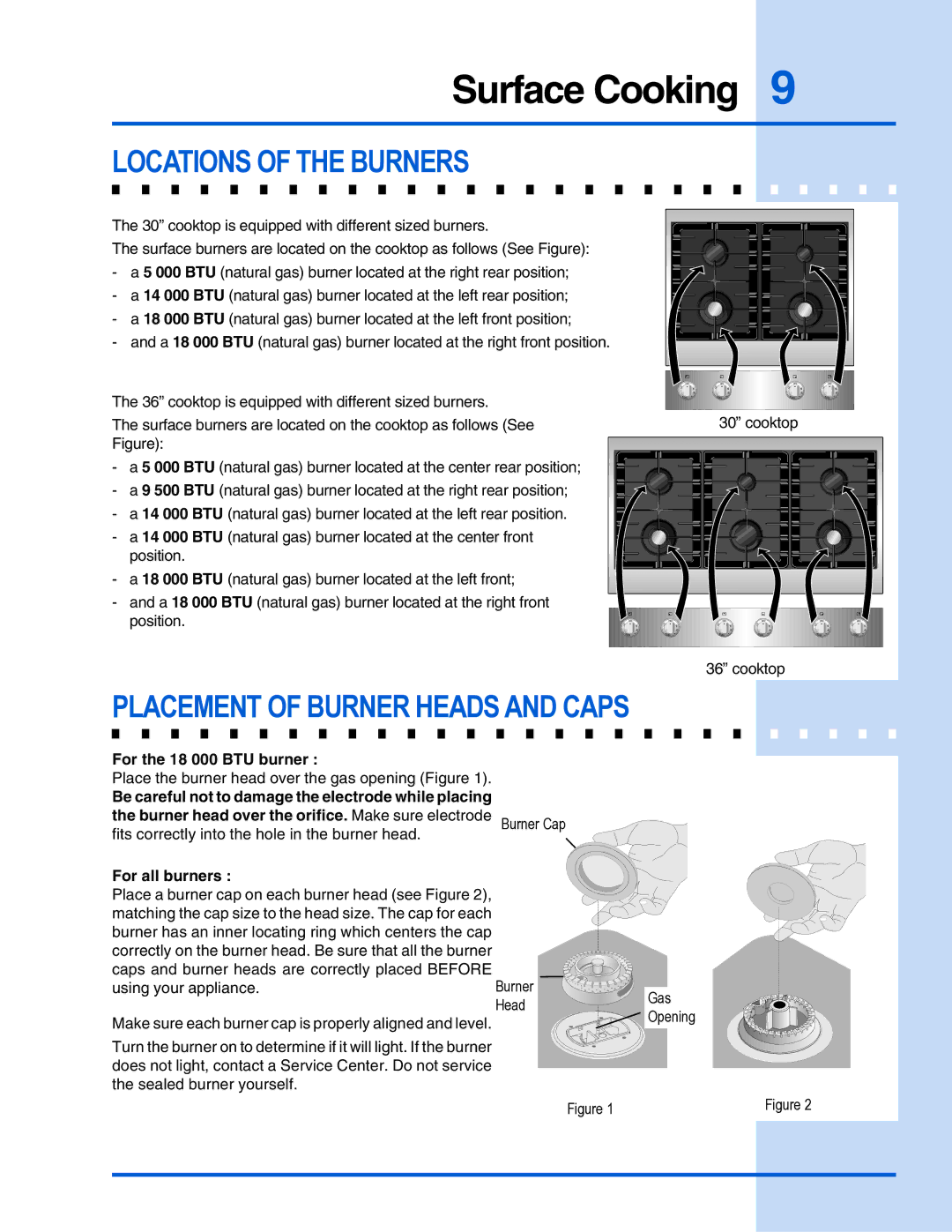 Electrolux 318 200 687 manual Locations of the Burners, Placement of Burner Heads and Caps 