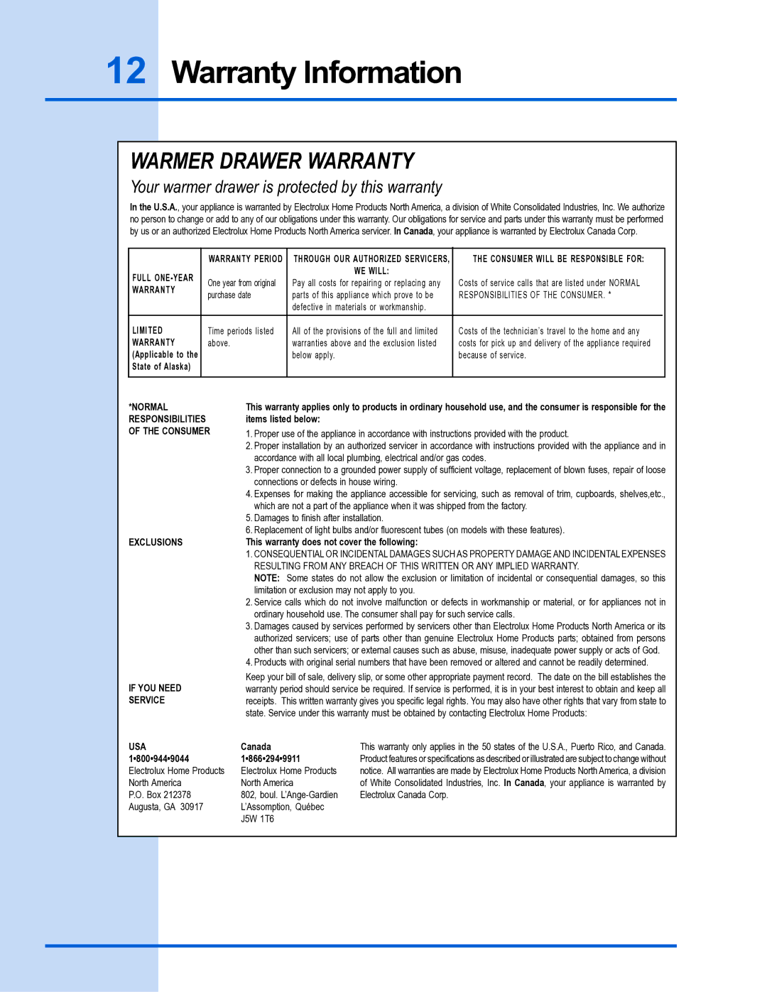 Electrolux 318 201 016 manual Warranty Information, Warmer Drawer Warranty 