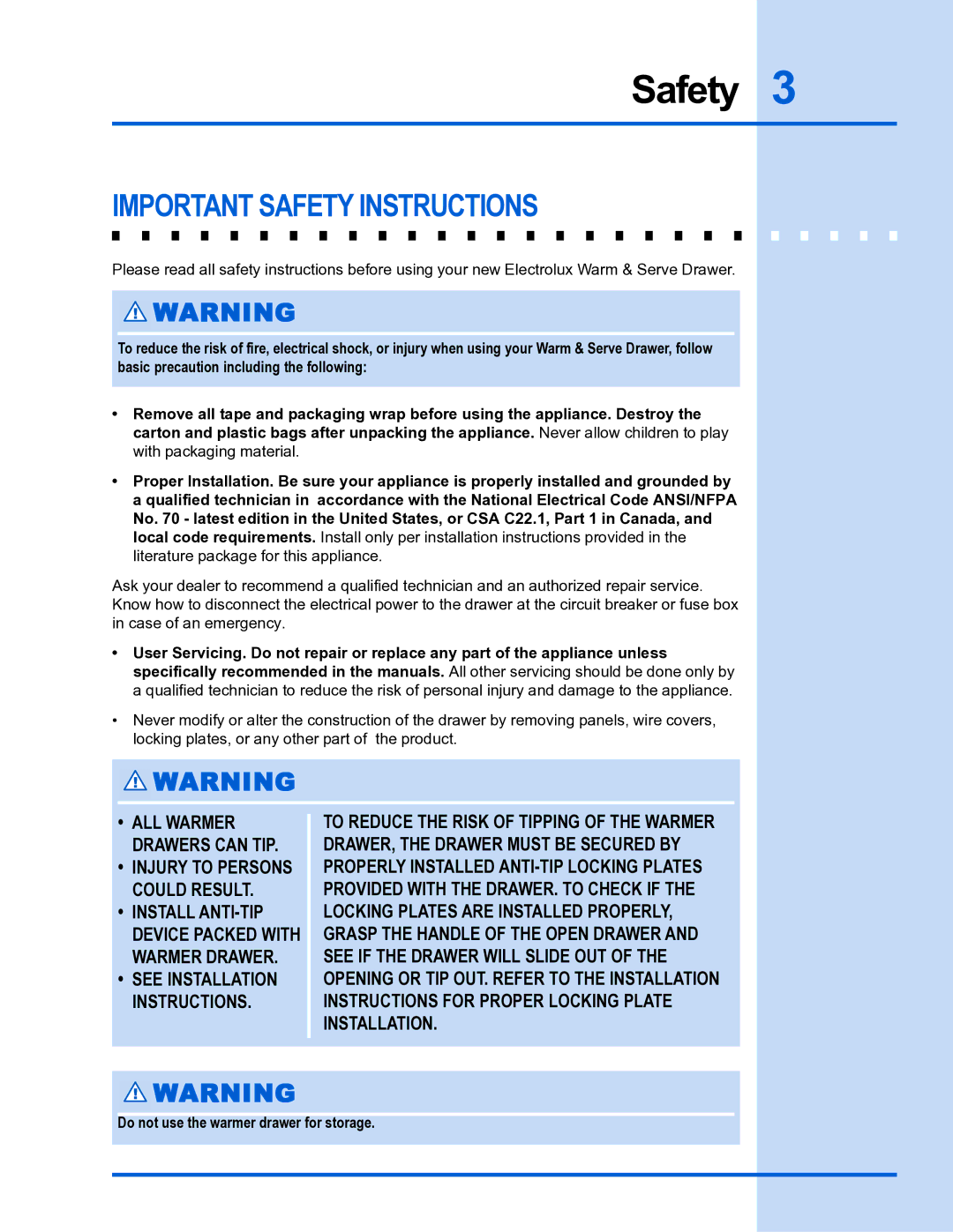 Electrolux 318 201 016 manual Important Safety Instructions, Do not use the warmer drawer for storage 