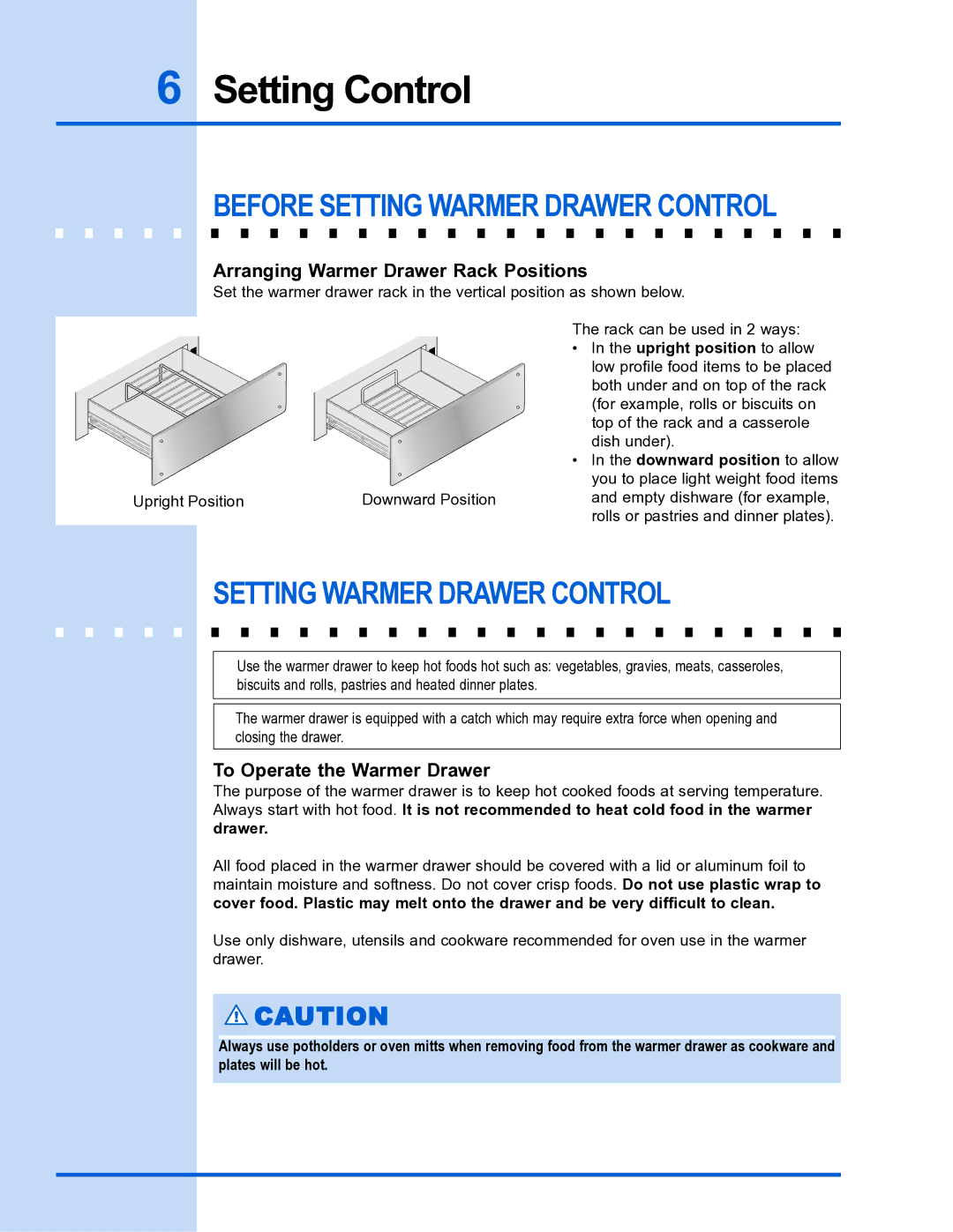 Electrolux 318 201 016 manual Setting Control, Before Setting Warmer Drawer Control, Arranging Warmer Drawer Rack Positions 