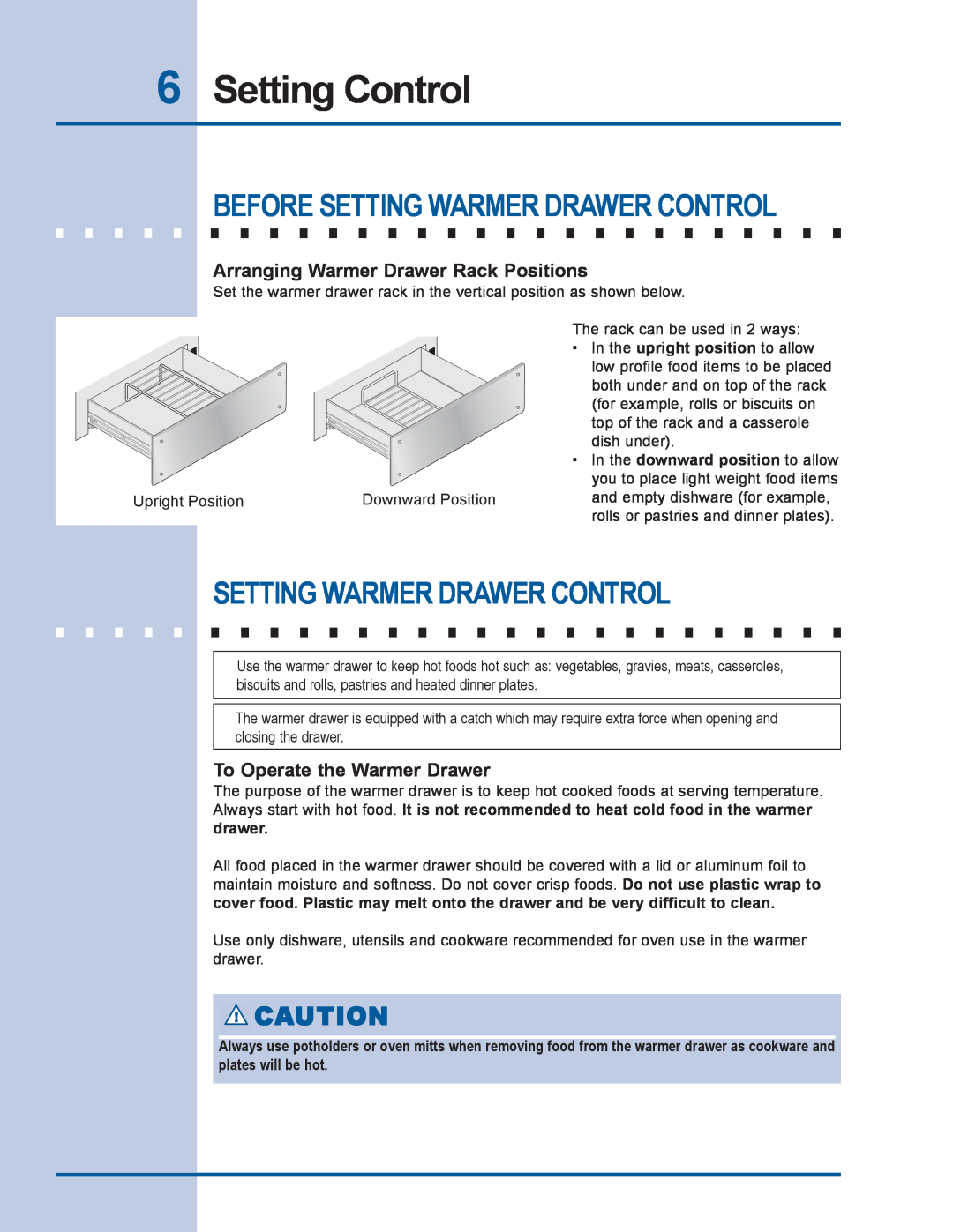 Electrolux 318 201 016 manual Setting Control, Before Setting Warmer Drawer Control, Arranging Warmer Drawer Rack Positions 