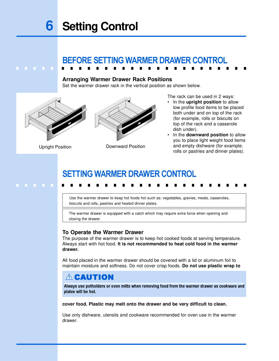 Electrolux 318 201 017 manual Setting Control, Before Setting Warmer Drawer Control, Arranging Warmer Drawer Rack Positions 