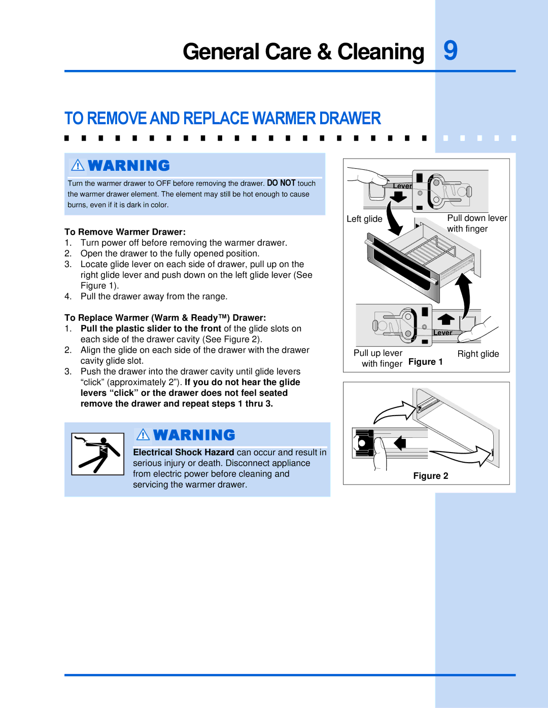 Electrolux 318 201 017 manual General Care & Cleaning, To Remove and Replace Warmer Drawer, To Remove Warmer Drawer 