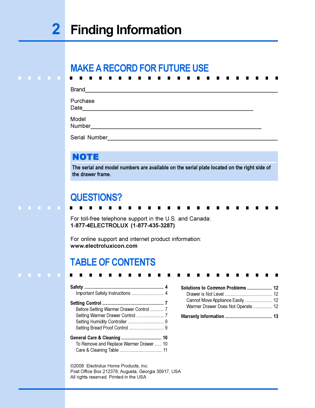 Electrolux 318 201 018 (0801) Rev. C manual Finding Information, Make a Record for Future USE, Questions? 