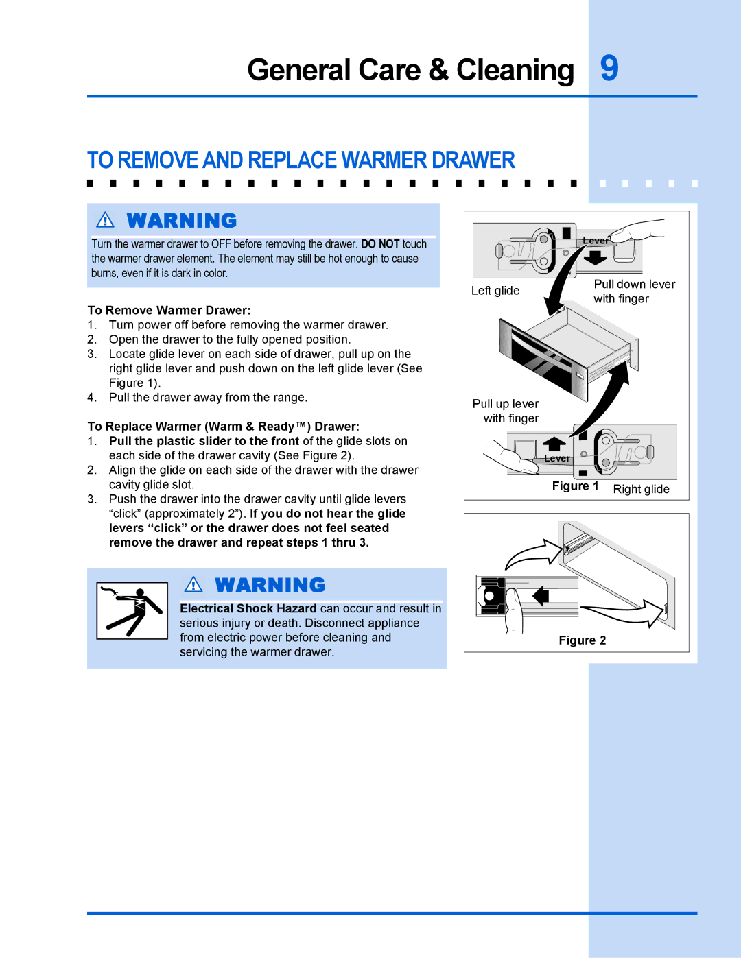 Electrolux 318 201 018 (0801) Rev. C General Care & Cleaning, To Remove and Replace Warmer Drawer, To Remove Warmer Drawer 