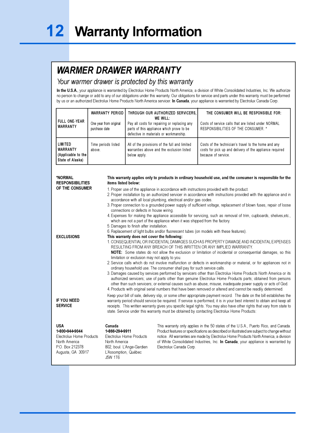 Electrolux 318 201 018 manual Warranty Information, Warmer Drawer Warranty 