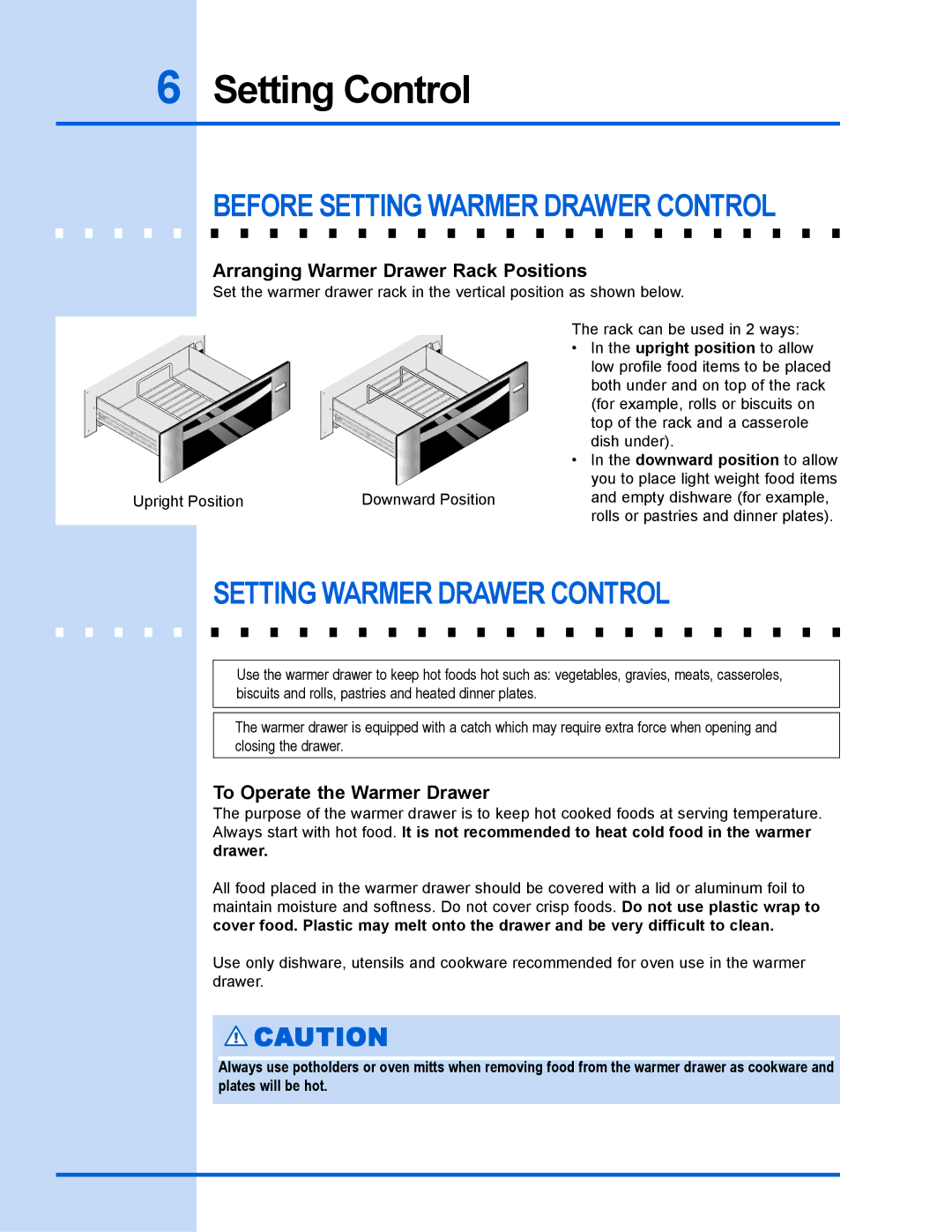 Electrolux 318 201 018 manual Setting Control, Before Setting Warmer Drawer Control, Arranging Warmer Drawer Rack Positions 