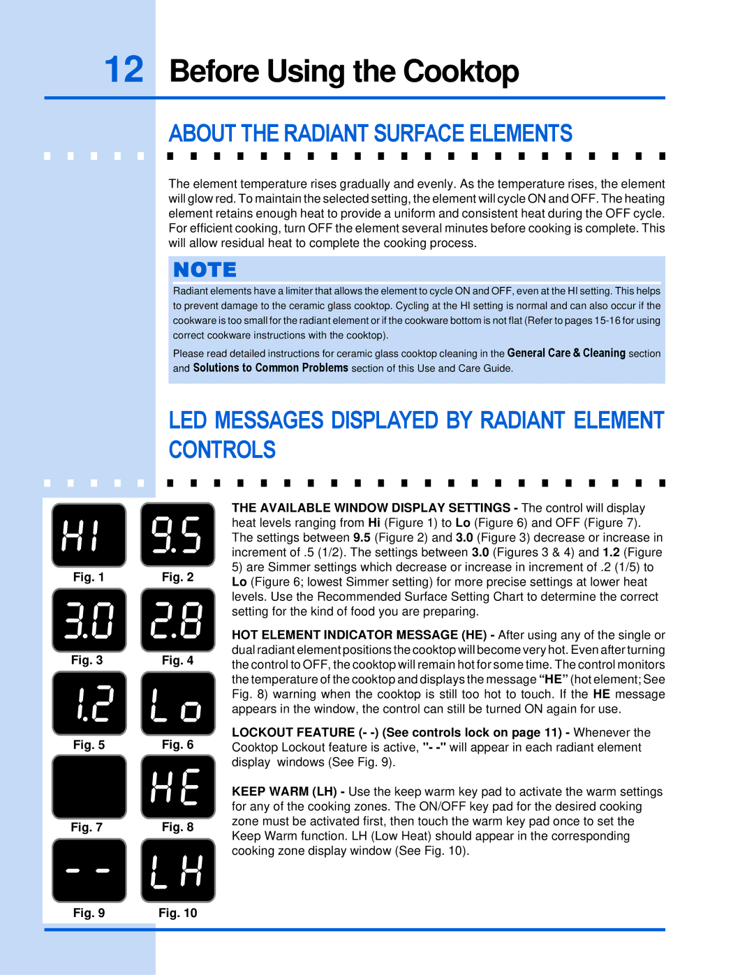 Electrolux 318 203 603 (0709) manual About the Radiant Surface Elements, LED Messages Displayed by Radiant Element Controls 