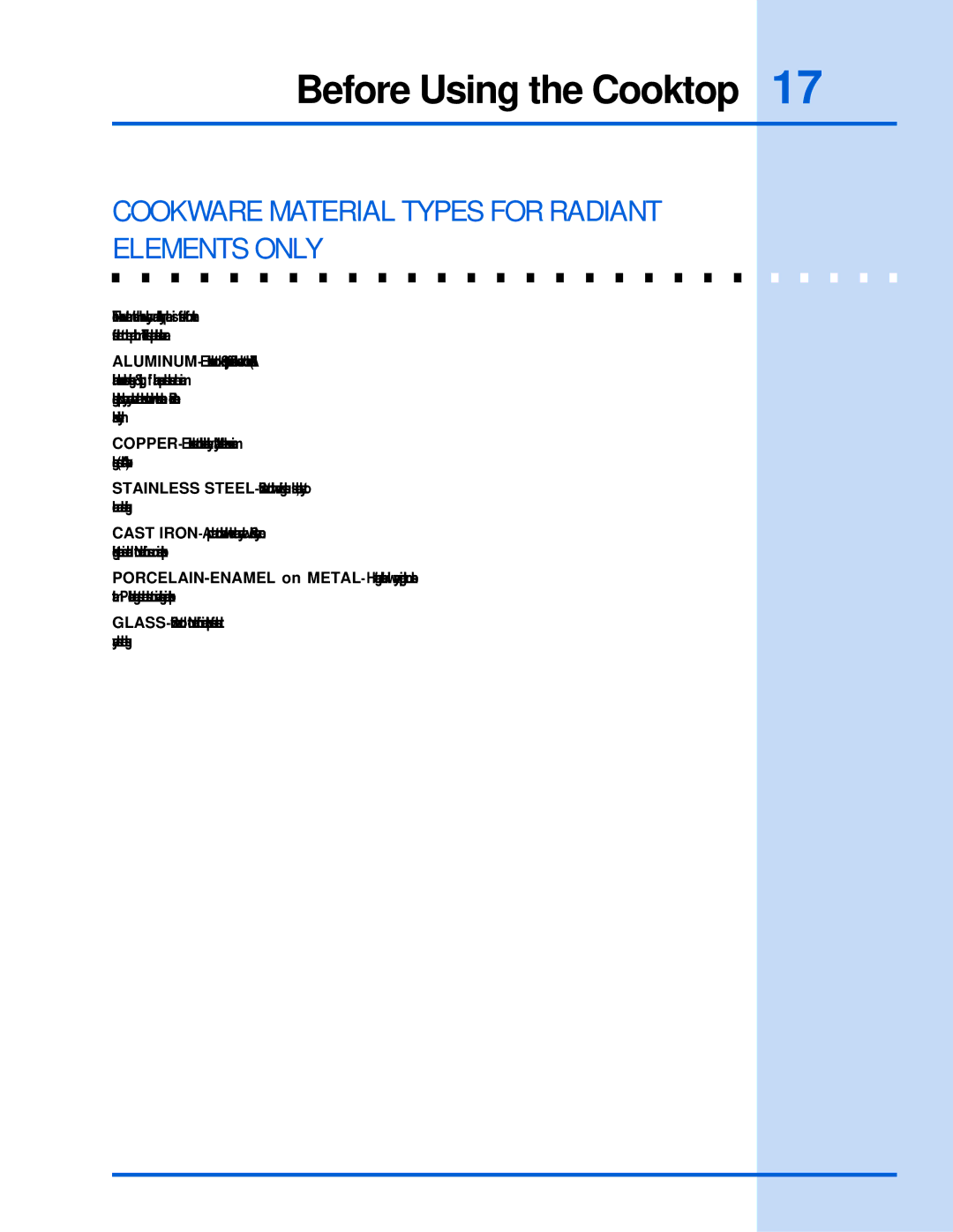 Electrolux 318 203 603 (0709) manual Cookware Material Types for Radiant Elements only 