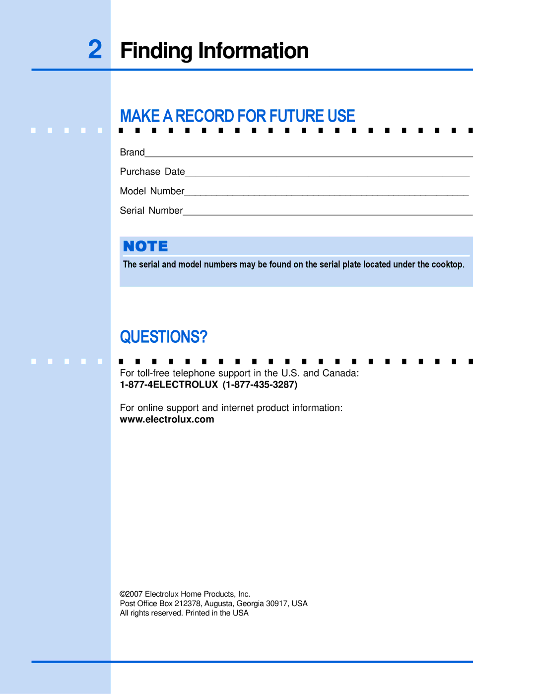 Electrolux 318 203 603 (0709) manual Finding Information, Make a Record for Future USE, Questions? 