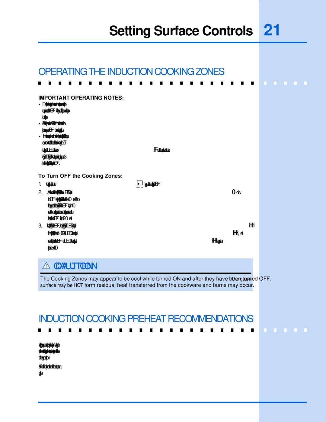 Electrolux 318 203 603 (0709) manual Induction Cooking Preheat Recommendations, To Turn OFF the Cooking Zones 