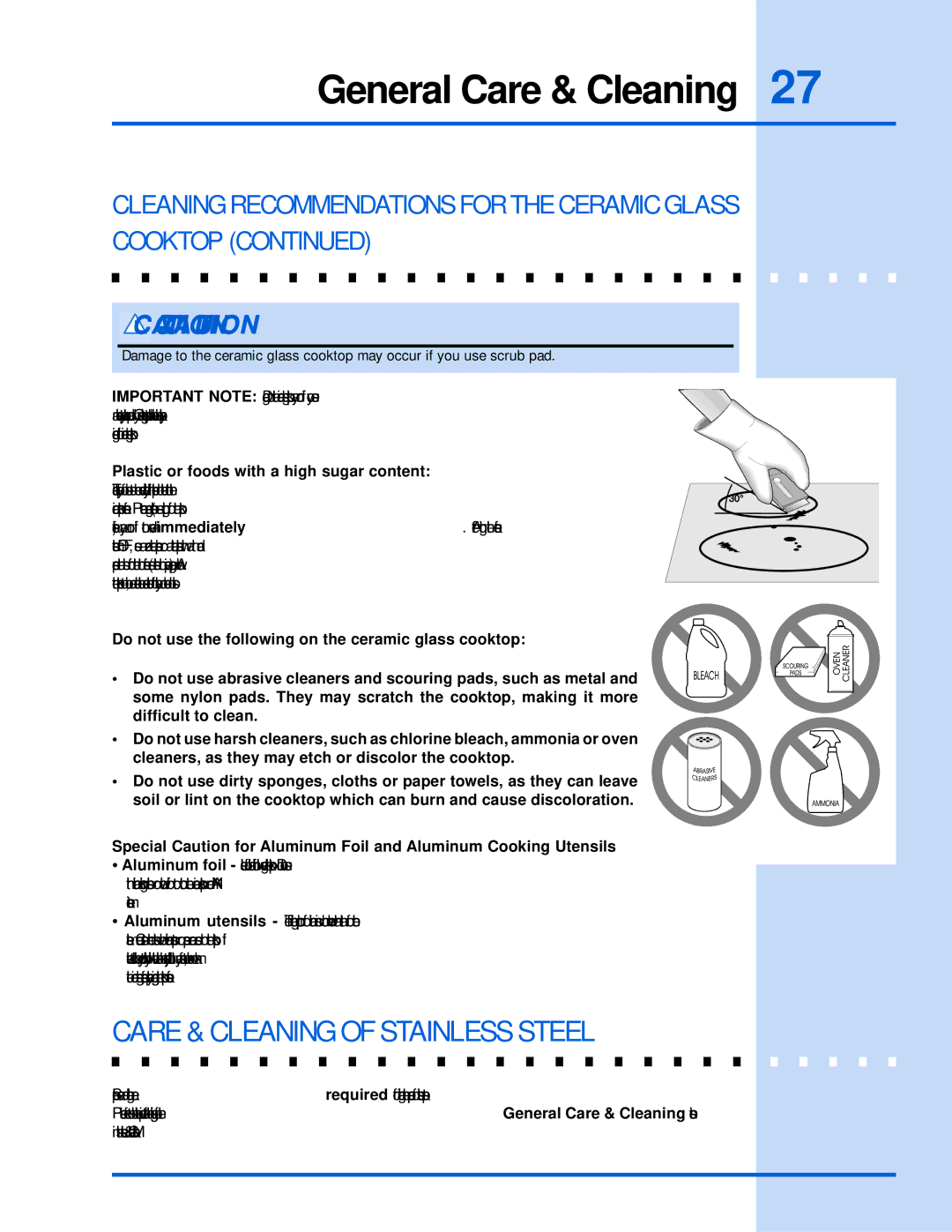 Electrolux 318 203 603 (0709) manual Care & Cleaning of Stainless Steel, Plastic or foods with a high sugar content 