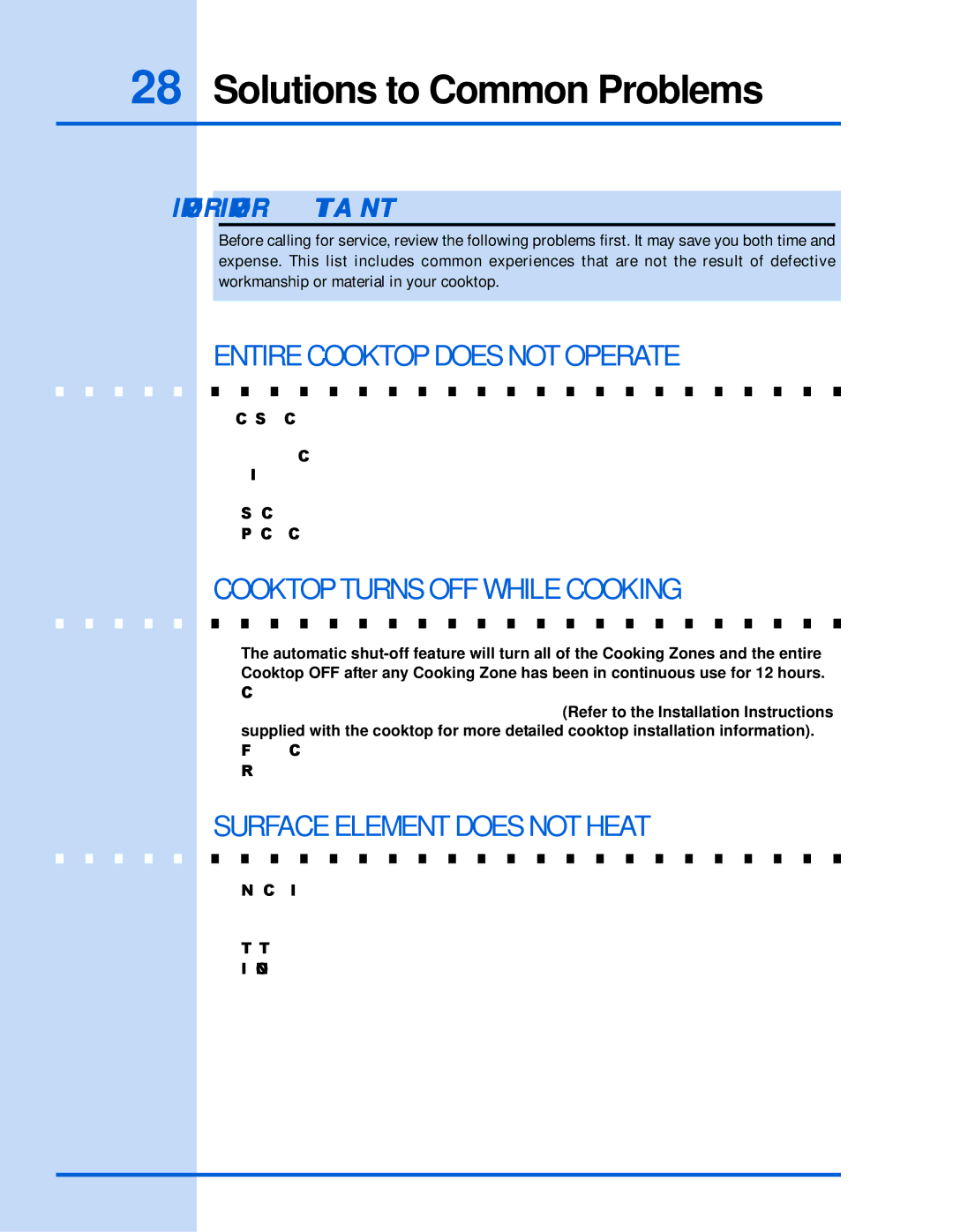 Electrolux 318 203 603 (0709) Solutions to Common Problems, Entire Cooktop does not Operate, Surface Element does not Heat 