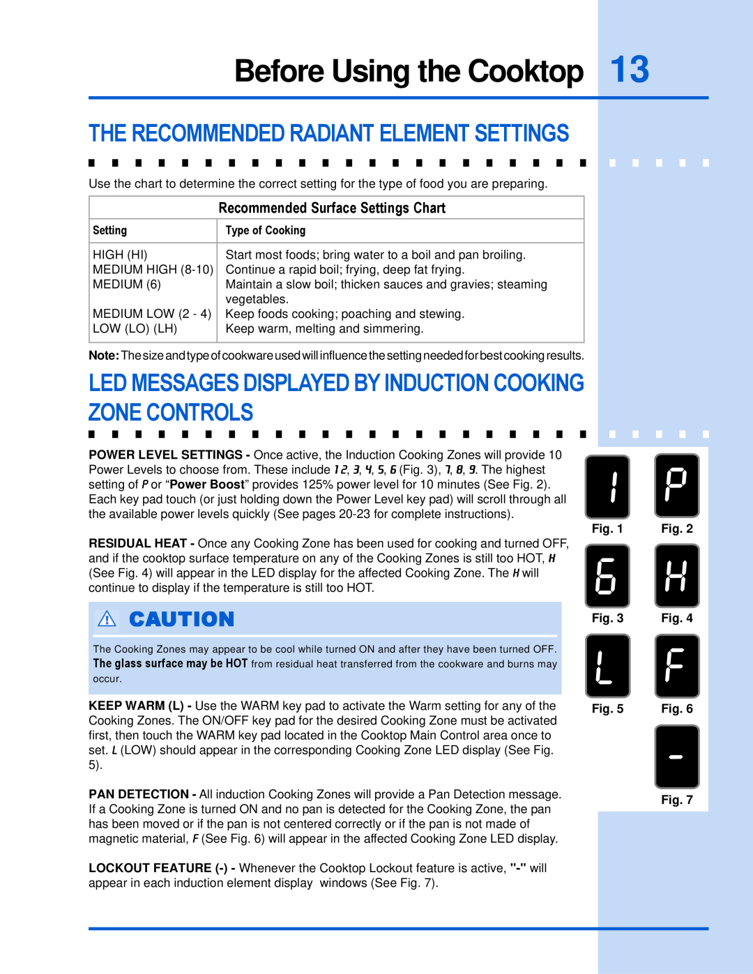Electrolux 318 203 603 (0709) manual The Recommended Radiant Element Settings, Recommended Surface Settings Chart 