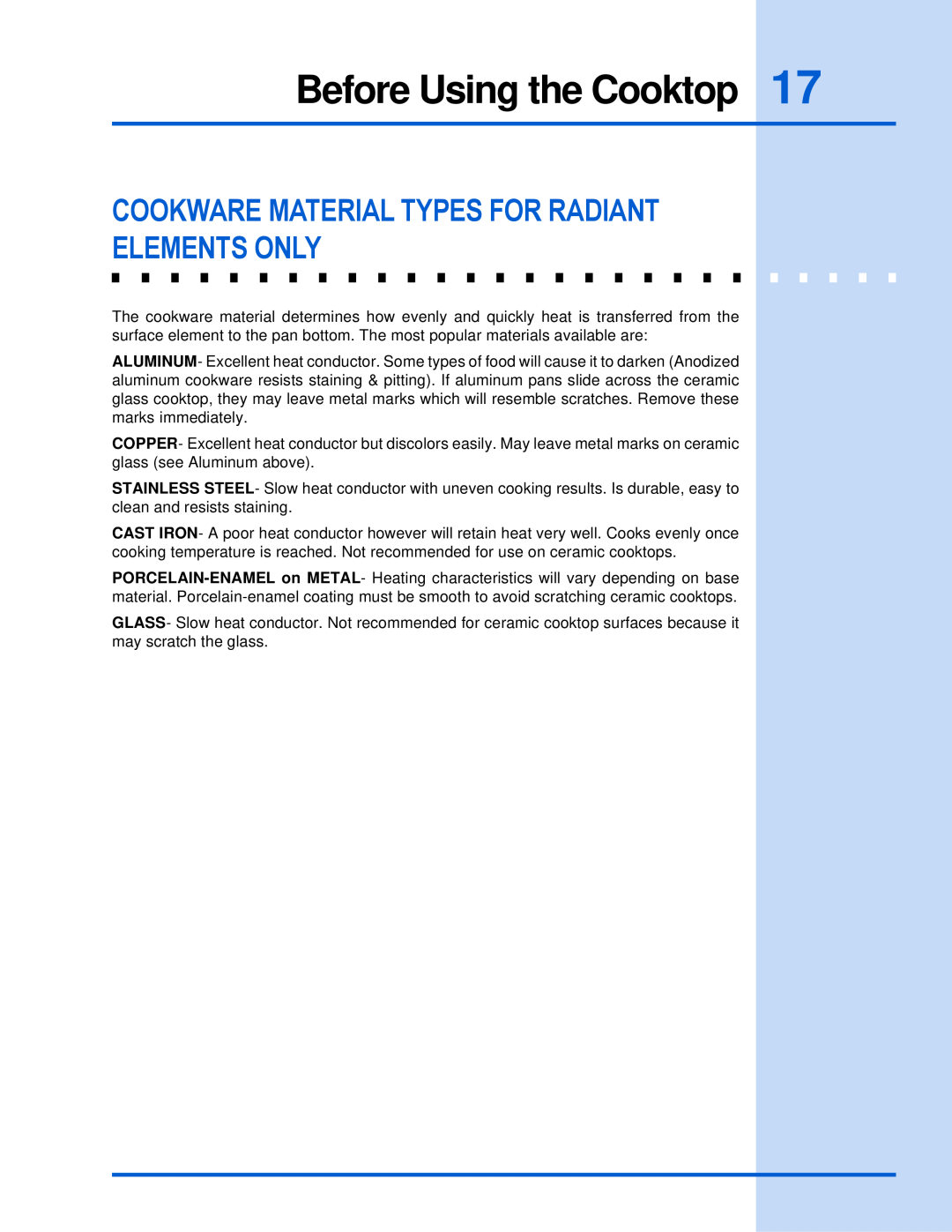 Electrolux 318 203 603 (0709) manual Cookware Material Types For Radiant Elements Only, Before Using the Cooktop 