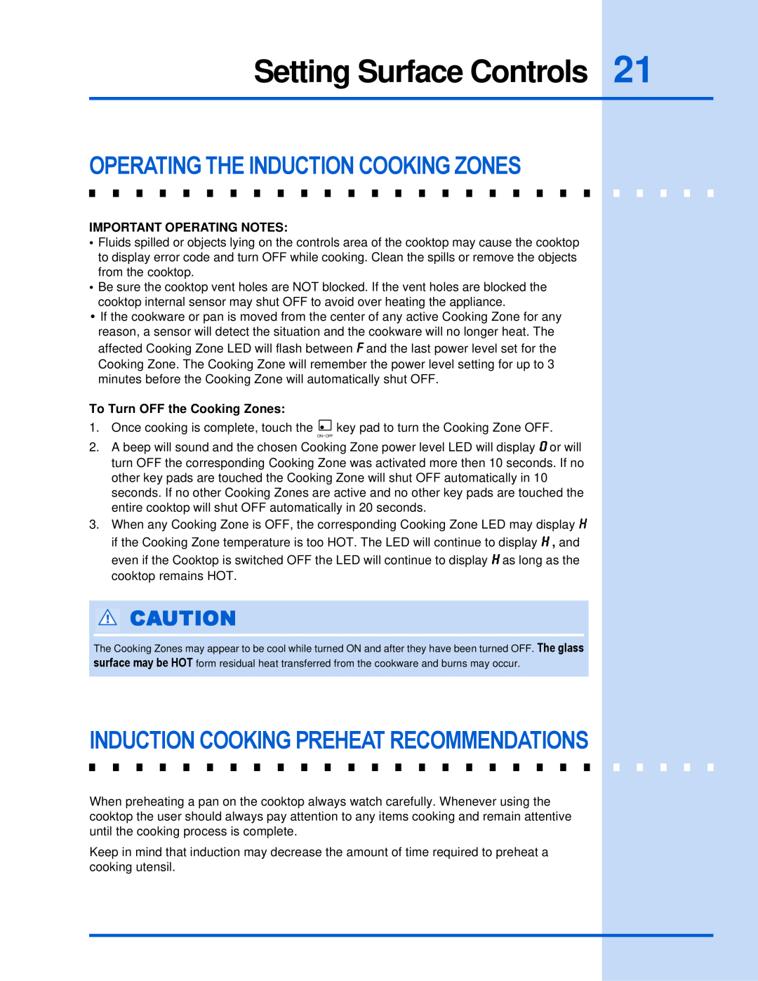 Electrolux 318 203 603 (0709) manual Induction Cooking Preheat Recommendations, Important Operating Notes 
