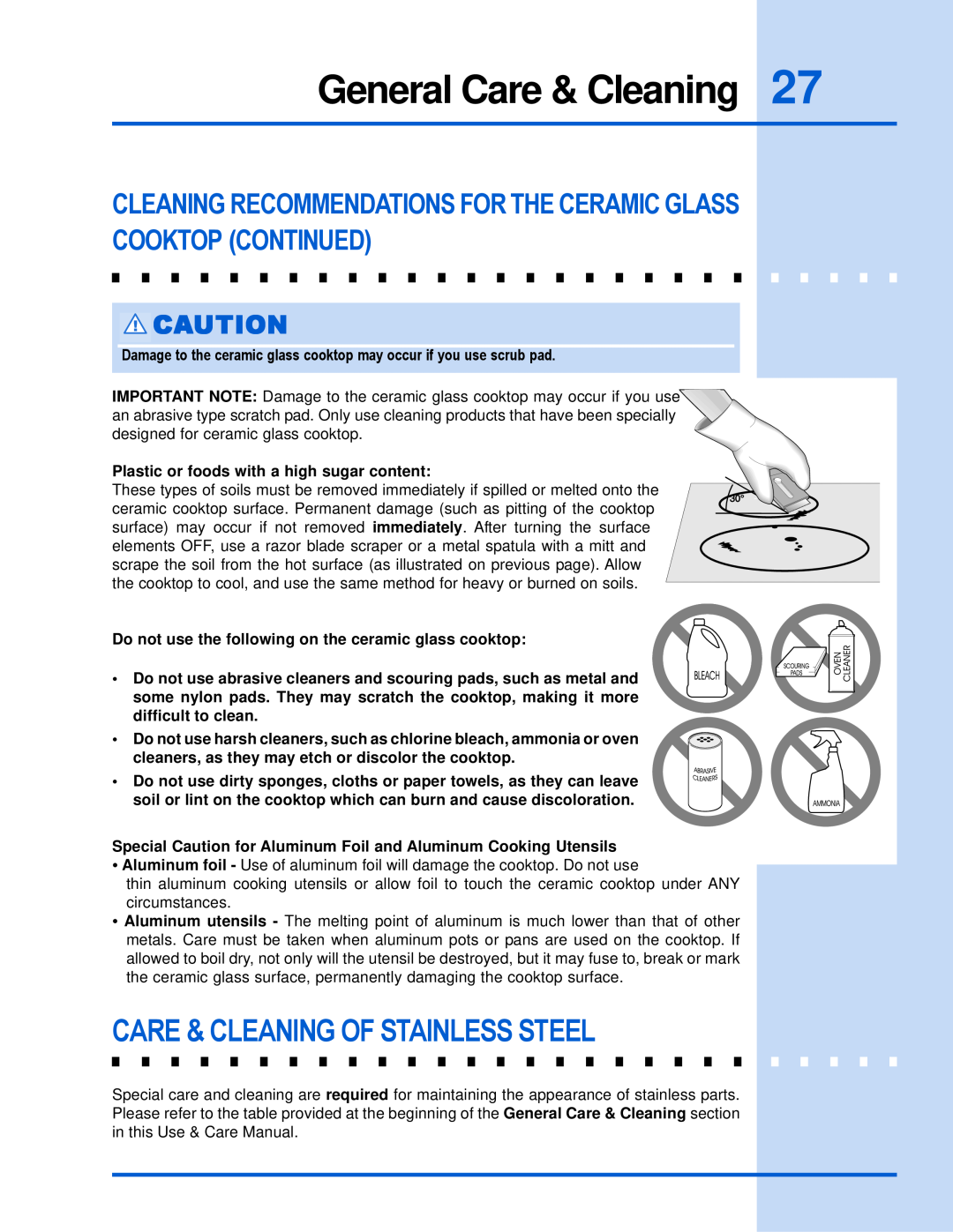 Electrolux 318 203 603 (0709) manual Care & Cleaning Of Stainless Steel, Plastic or foods with a high sugar content 