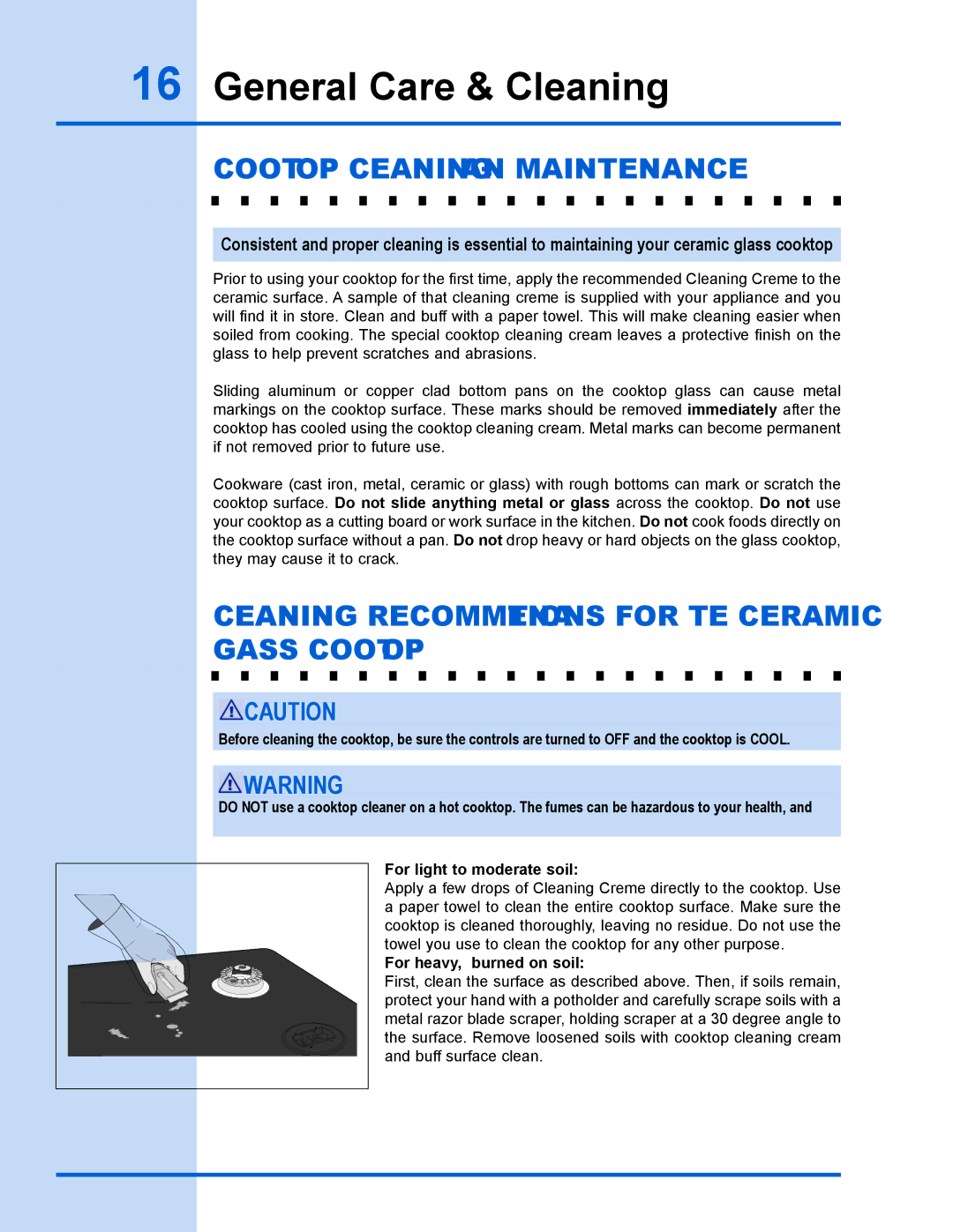 Electrolux 318 203 667 manual COOKTOP cleaning and Maintenance, Cleaning recommendations for the ceramic glass cooktop 