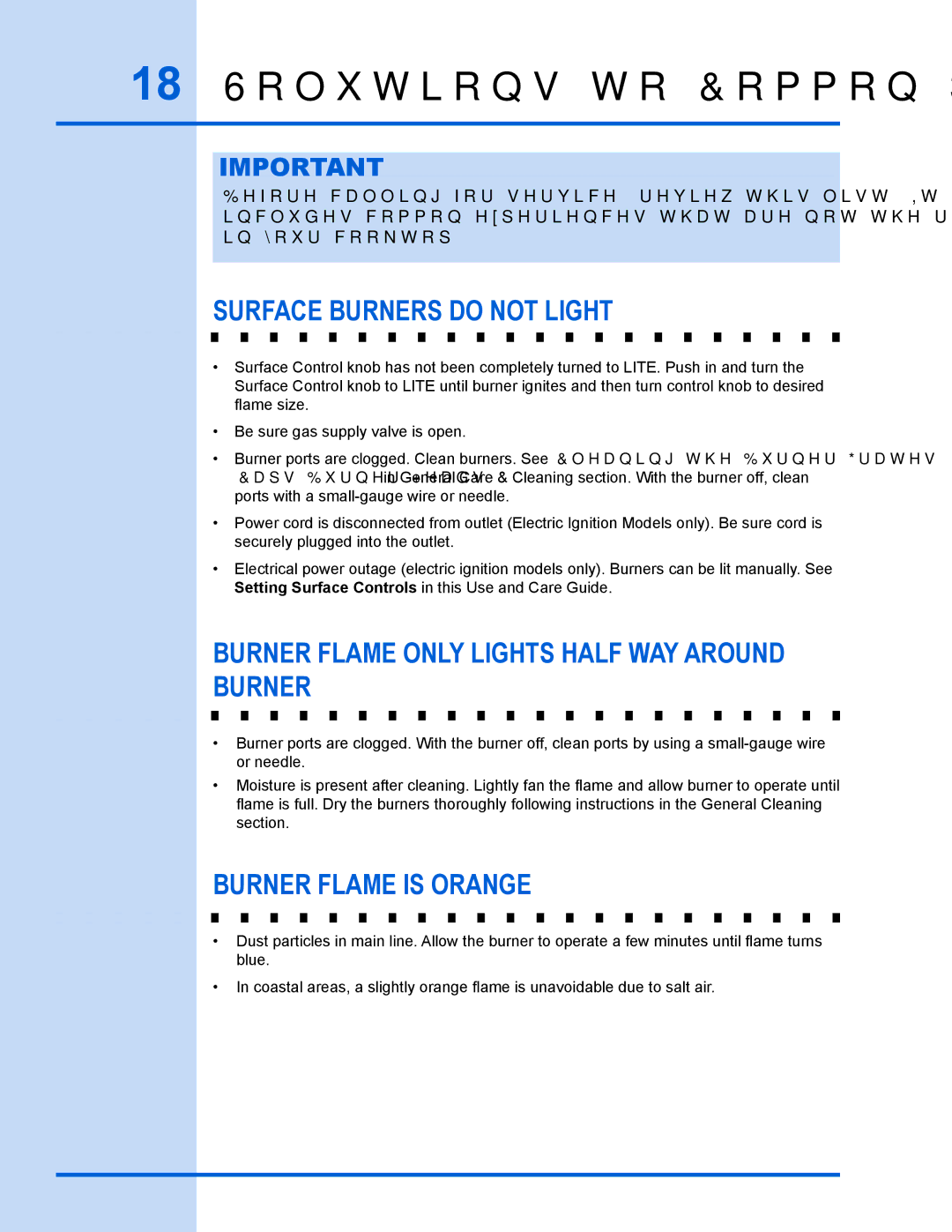 Electrolux 318 203 667 manual Solutions to Common Problems, Surface burners do not light, Burner flame is orange 