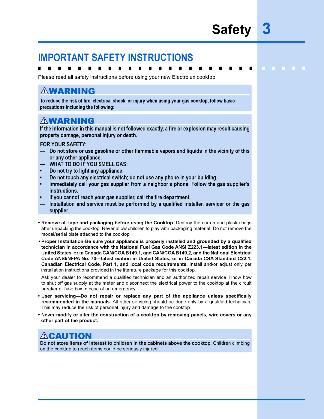 Electrolux 318 203 667 manual Important Safety Instructions 