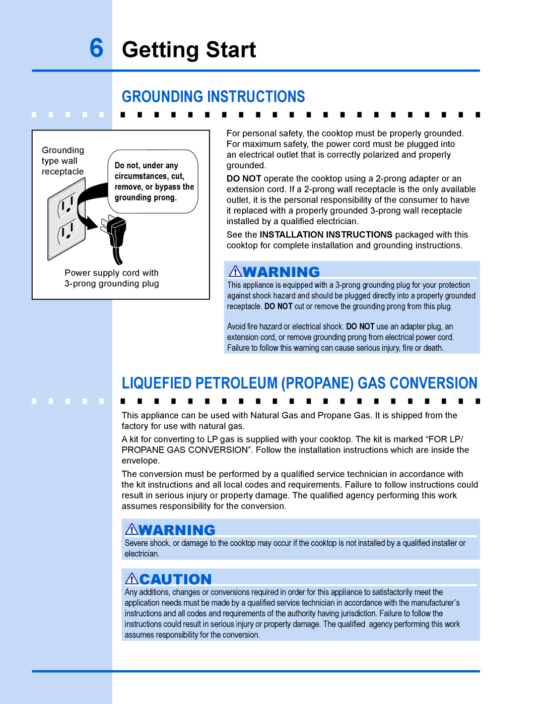 Electrolux 318 203 667 manual Getting Start, Grounding instructions, Liquefied petroleum propane gas conversion 
