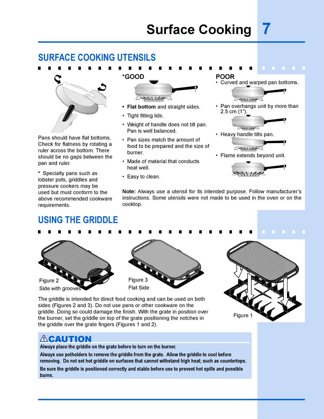 Electrolux 318 203 667 manual Surface Cooking, Surface cooking utensils, Using the griddle 