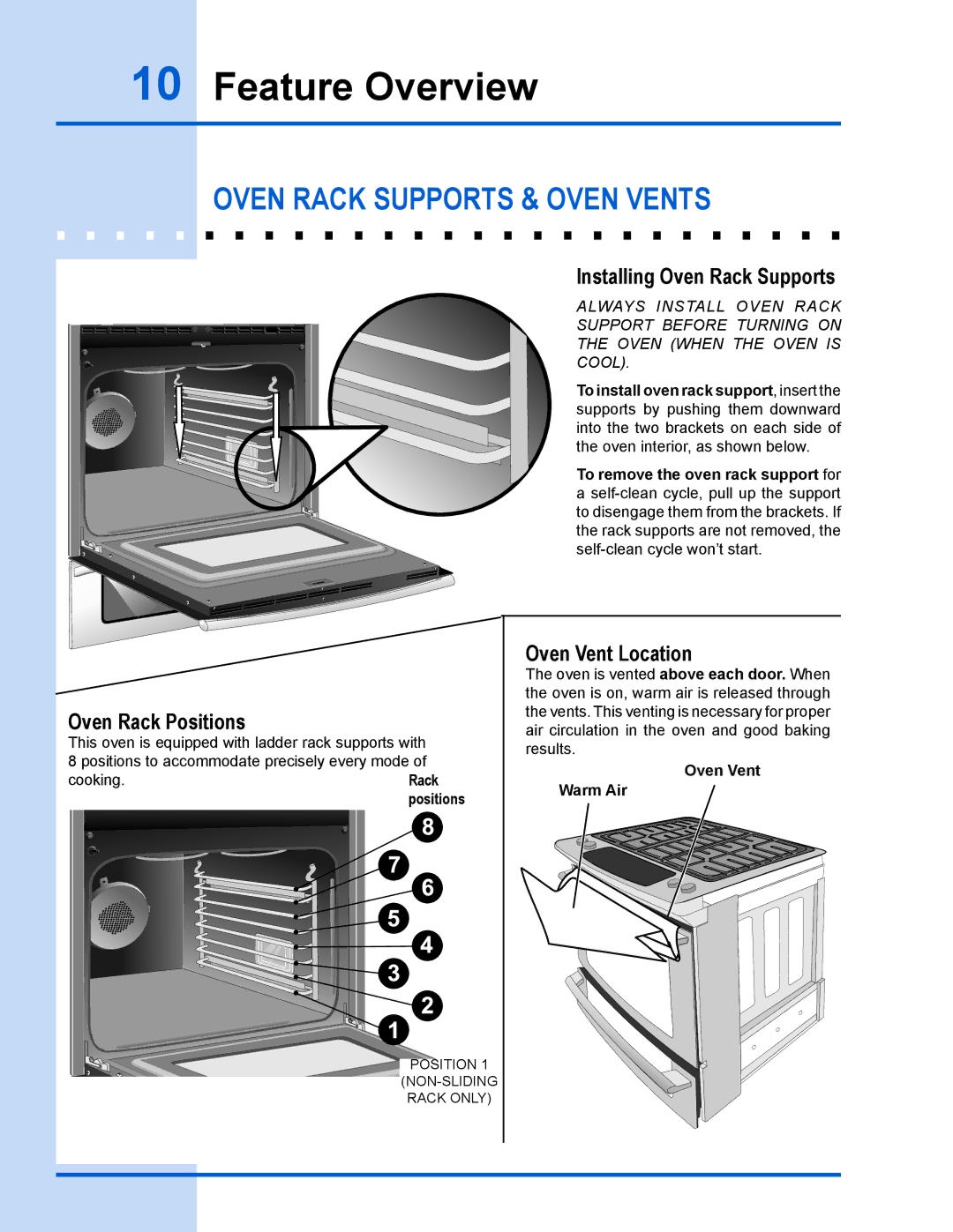 Electrolux 318 203 890 (1001) manual Oven rack supports & Oven Vents, Oven Rack Positions, Installing Oven Rack Supports 