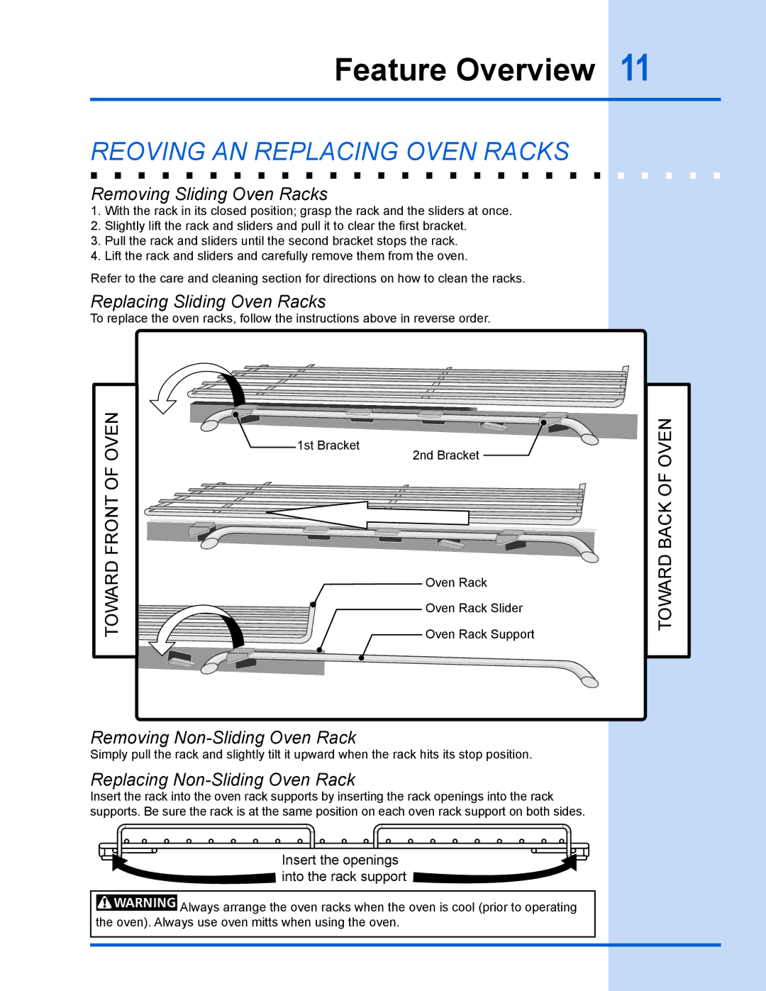 Electrolux 318 203 890 (1001) Removing and replacing oven racks, Removing Sliding Oven Racks, Replacing Sliding Oven Racks 