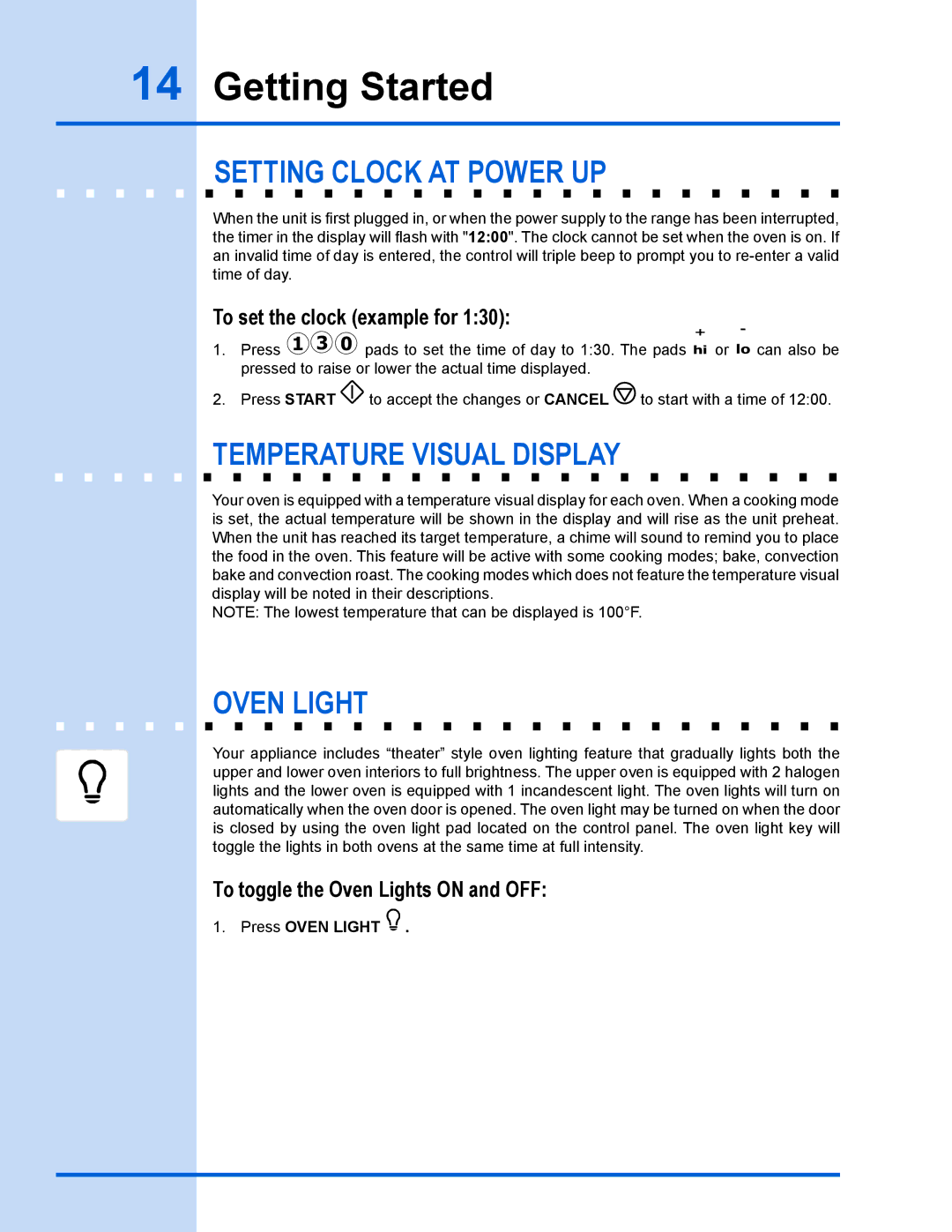 Electrolux 318 203 890 (1001) manual Getting Started, Setting clock at power up, Temperature visual display, Oven light 