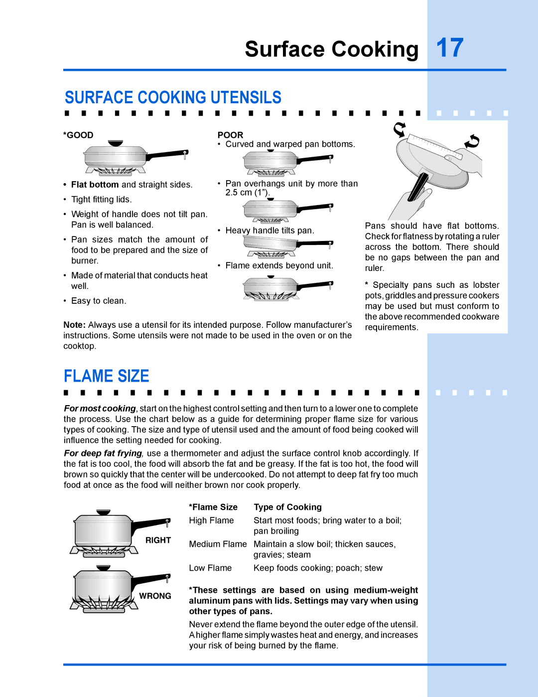 Electrolux 318 203 890 (1001) manual Surface cooking utensils, Flame size, Flame Size Type of Cooking 