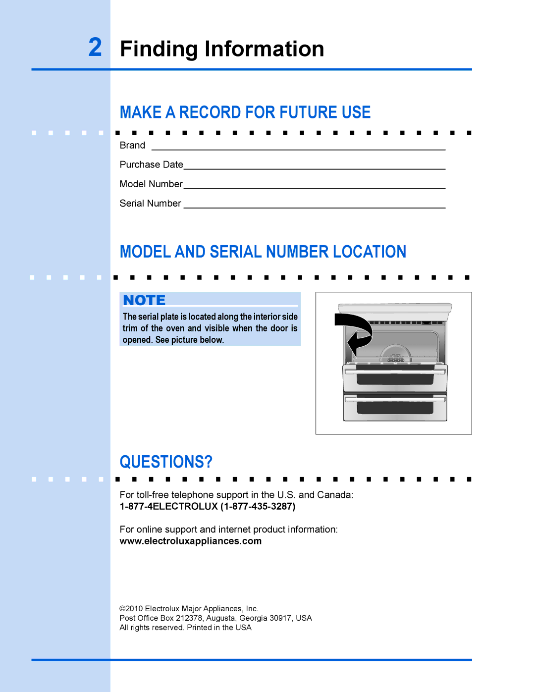 Electrolux 318 203 890 (1001) manual Finding Information, Make a Record for Future use, Model and Serial Number Location 