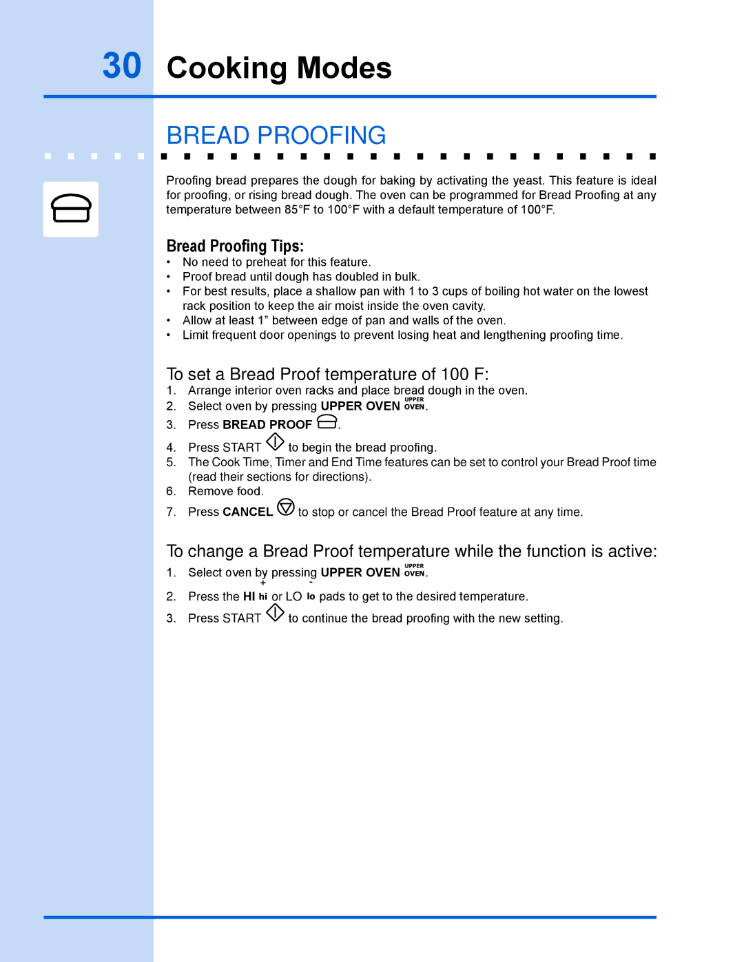 Electrolux 318 203 890 (1001) manual Bread proofing, Bread Proofing Tips, To set a Bread Proof temperature of 100F 