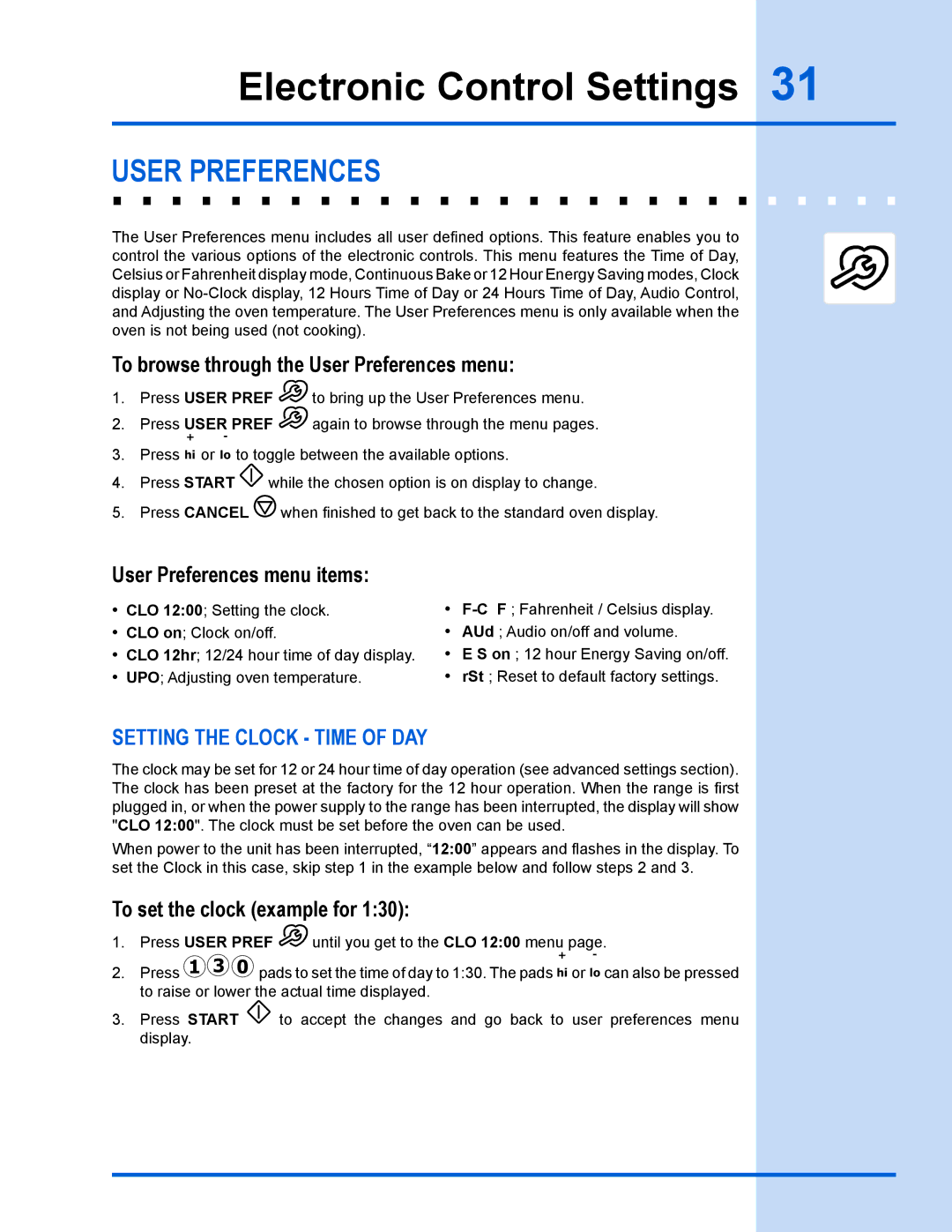 Electrolux 318 203 890 (1001) Electronic Control Settings, User preferences, To browse through the User Preferences menu 