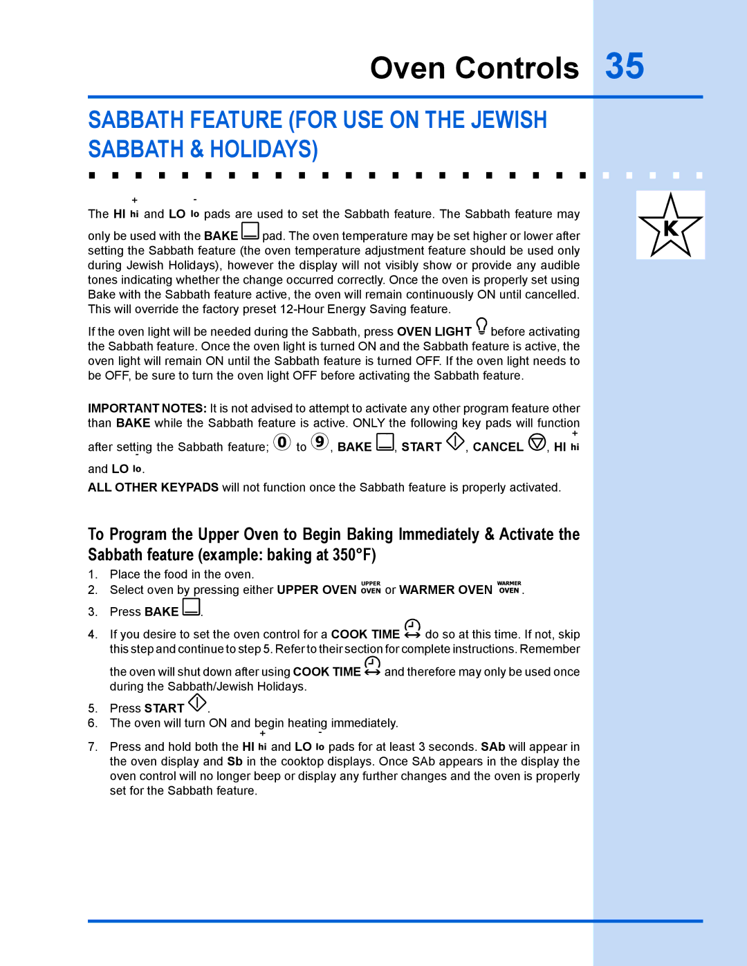 Electrolux 318 203 890 (1001) manual Sabbath feature for use on the jewish sabbath & holidays, Start , Cancel , HI hi 
