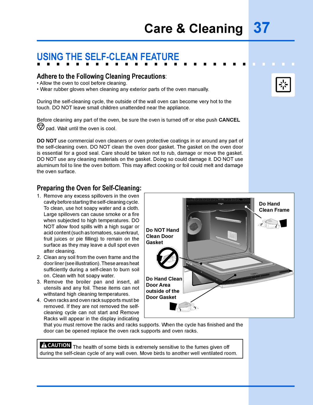 Electrolux 318 203 890 (1001) Care & Cleaning, Using the self-clean feature, Adhere to the Following Cleaning Precautions 