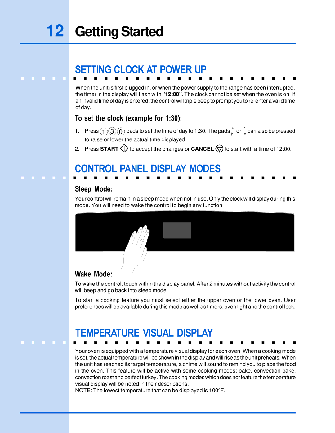 Electrolux 318 205 122 Getting Started, Setting Clock AT Power UP, Control Panel Display Modes, Temperature Visual Display 