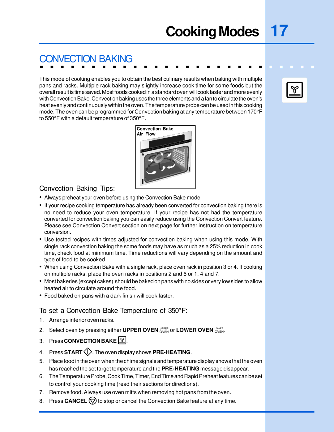 Electrolux 318 205 122 Convection Baking Tips, To set a Convection Bake Temperature of 350F, Press Convection Bake 