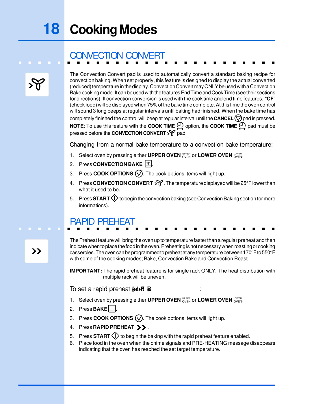 Electrolux 318 205 122 manual Convection Convert, Press Rapid Preheat 