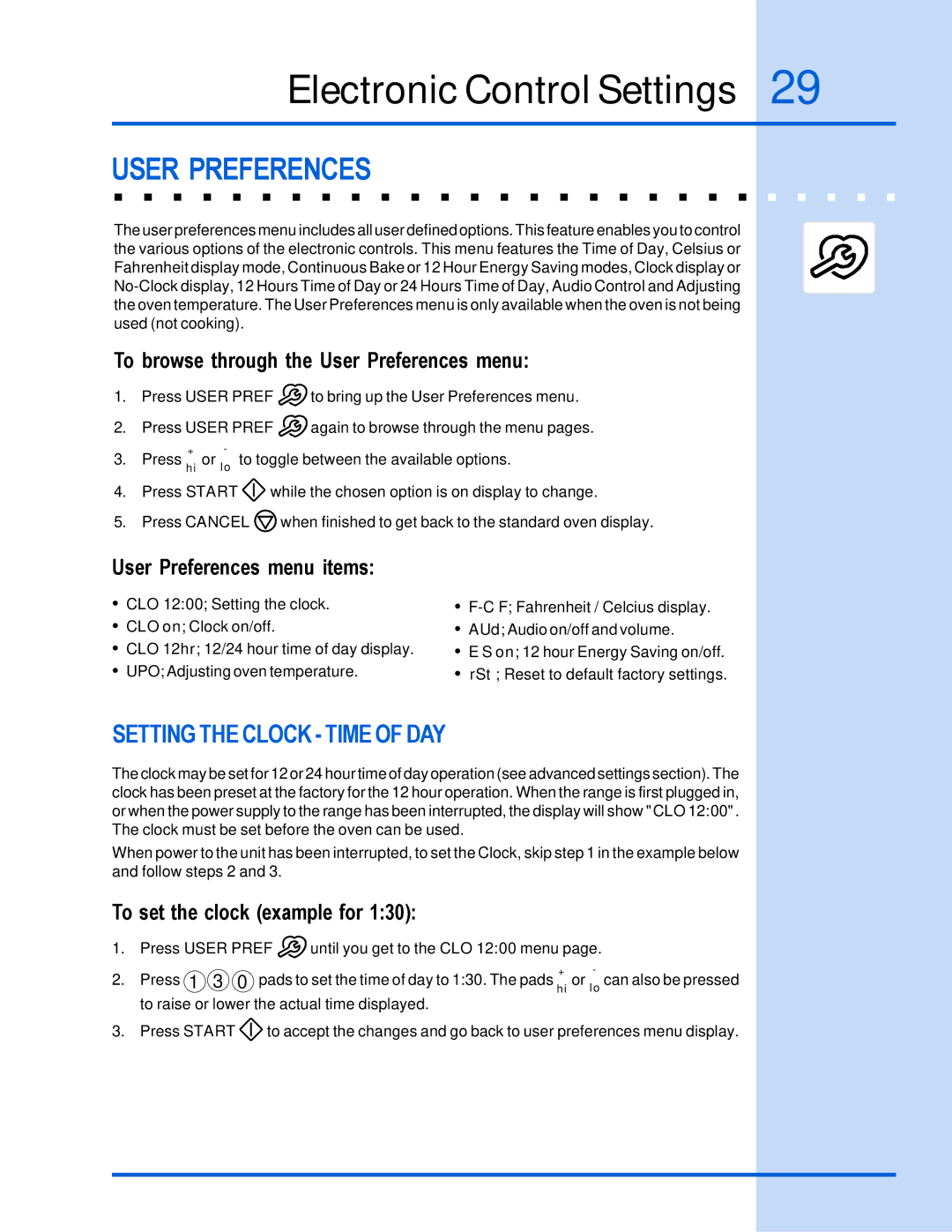 Electrolux 318 205 122 manual Electronic Control Settings, User Preferences, Setting the Clock Time of DAY 