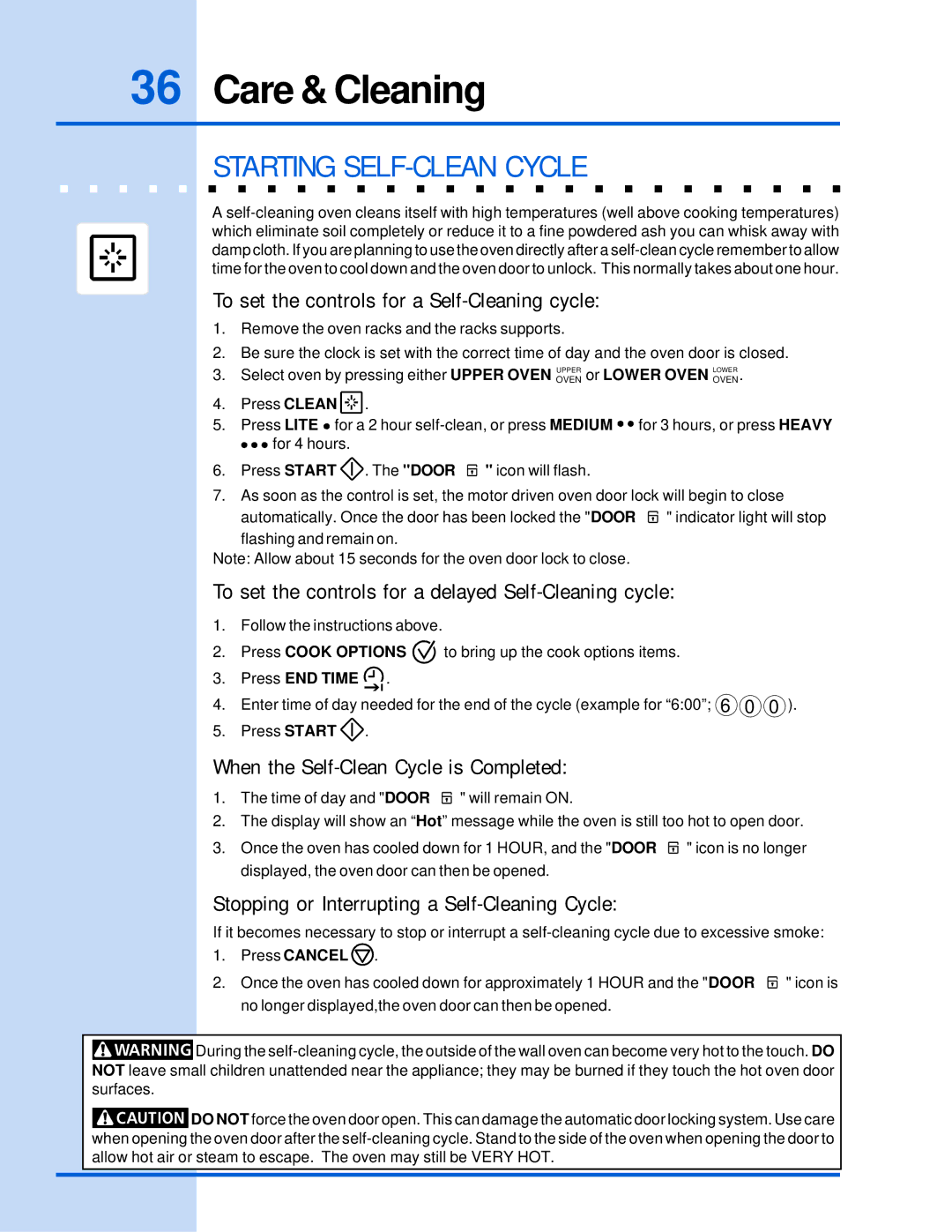 Electrolux 318 205 122 manual Starting SELF-CLEAN Cycle, To set the controls for a Self-Cleaning cycle 