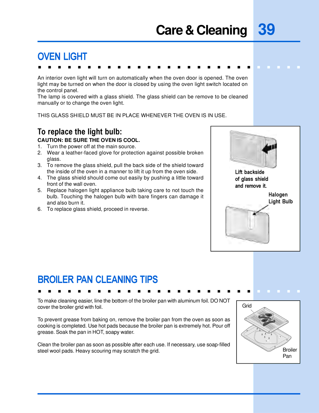 Electrolux 318 205 122 manual Broiler PAN Cleaning Tips, To replace the light bulb 