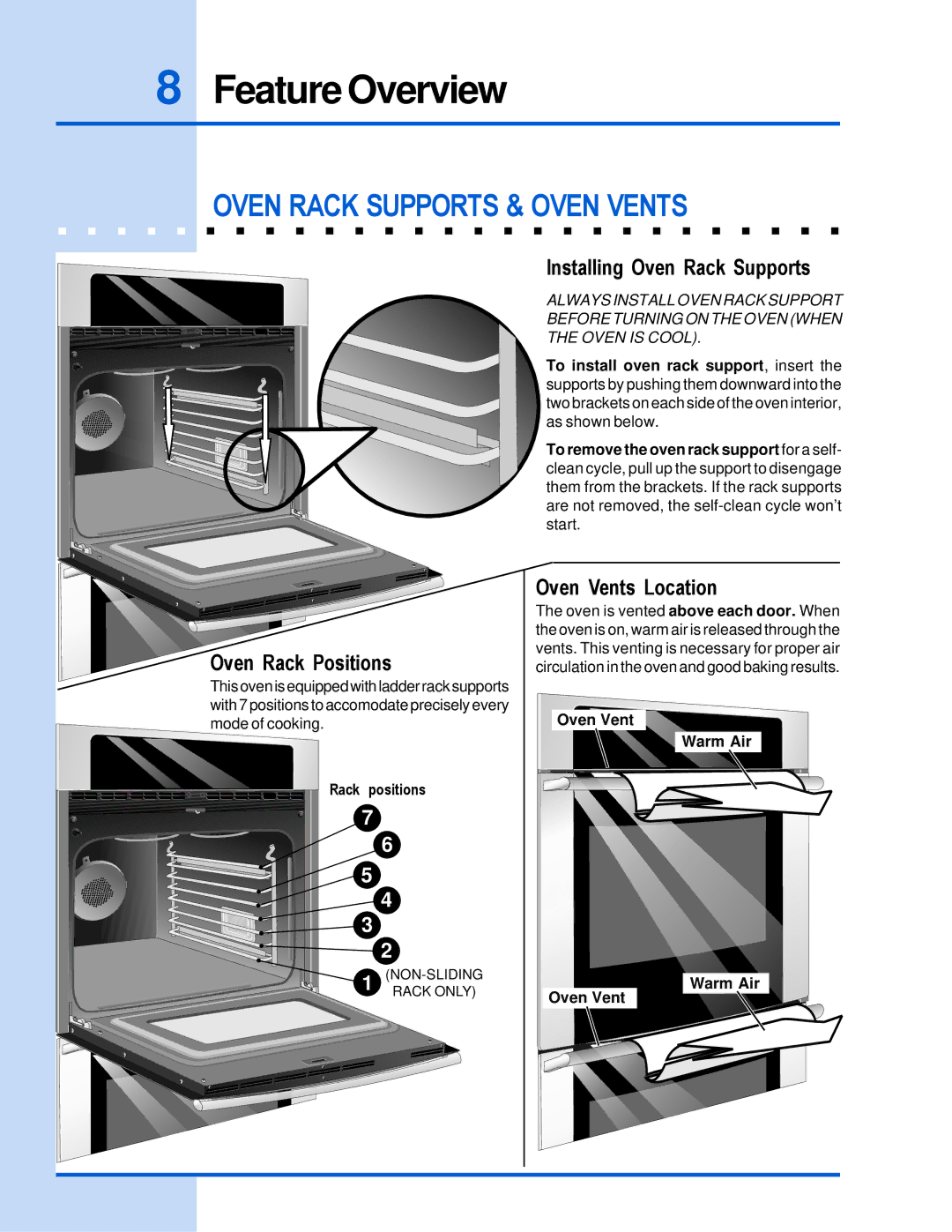 Electrolux 318 205 122 manual Oven Rack Supports & Oven Vents, Oven Rack Positions, Installing Oven Rack Supports 