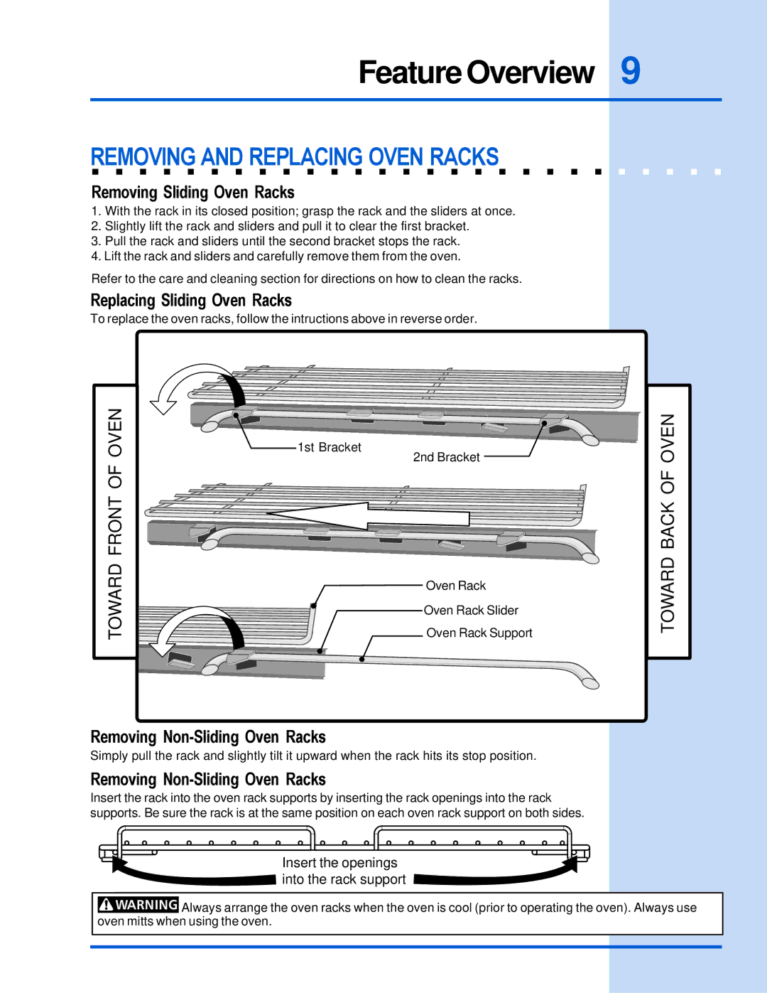 Electrolux 318 205 122 manual Removing and Replacing Oven Racks, Removing Sliding Oven Racks, Replacing Sliding Oven Racks 