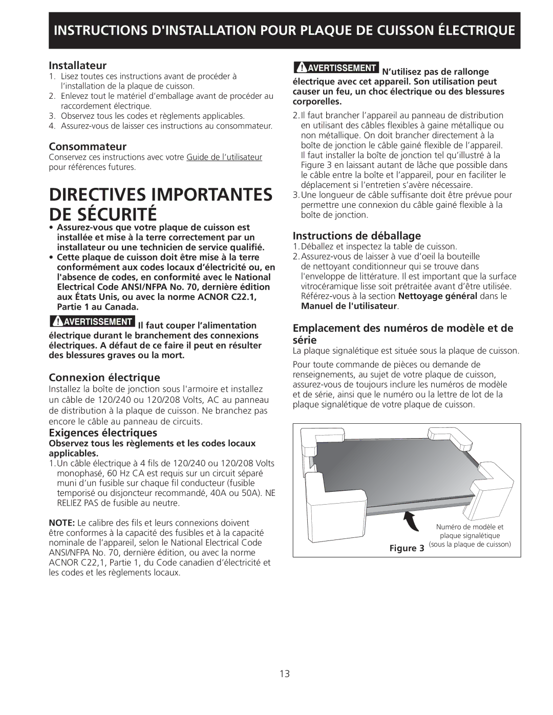 Electrolux 318201432 Installateur, Consommateur, Connexion électrique, Exigences électriques, Instructions de déballage 