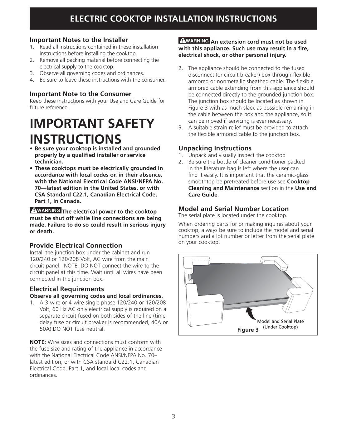 Electrolux 318201432 Important Notes to the Installer, Important Note to the Consumer, Provide Electrical Connection 