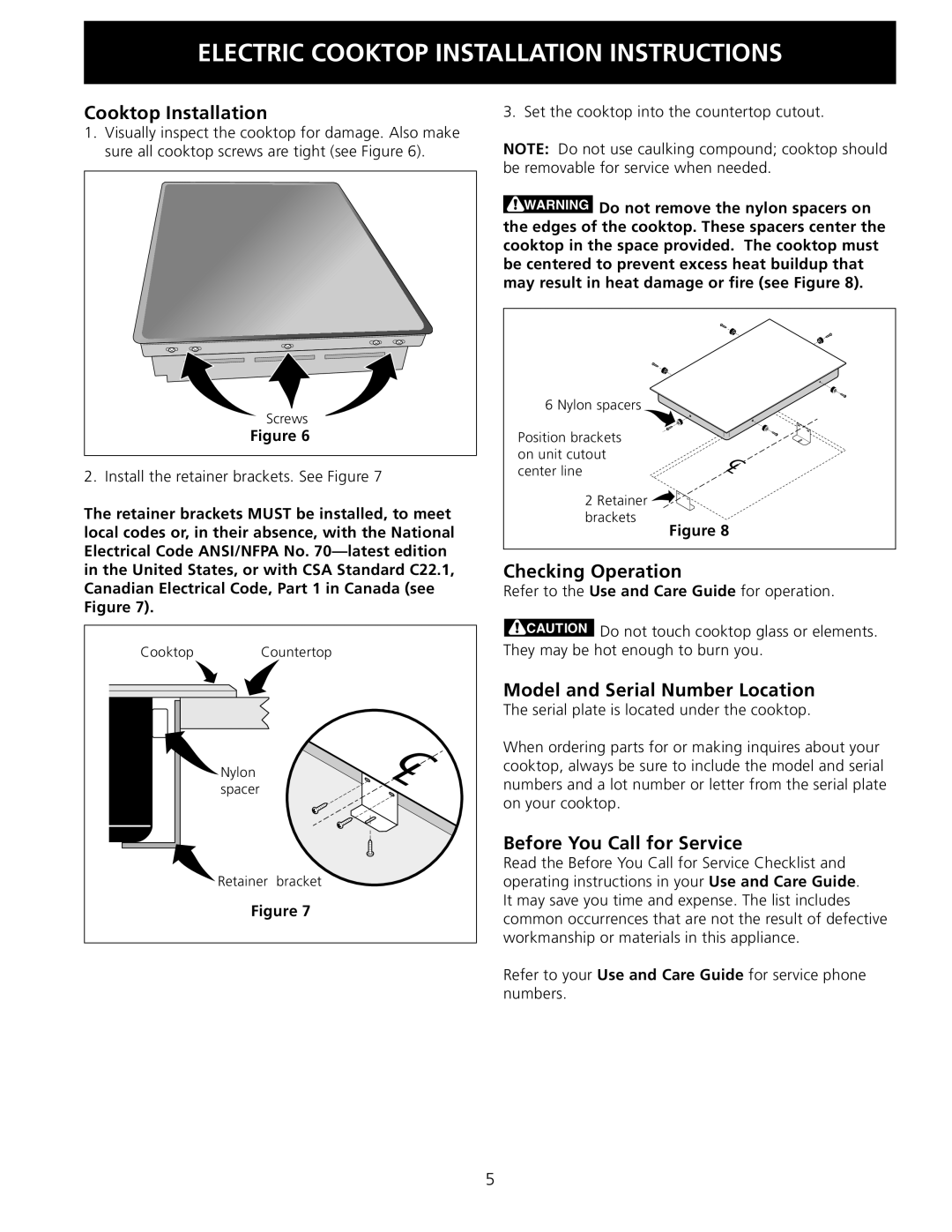 Electrolux 318201432 installation instructions Cooktop Installation, Checking Operation, Before You Call for Service 