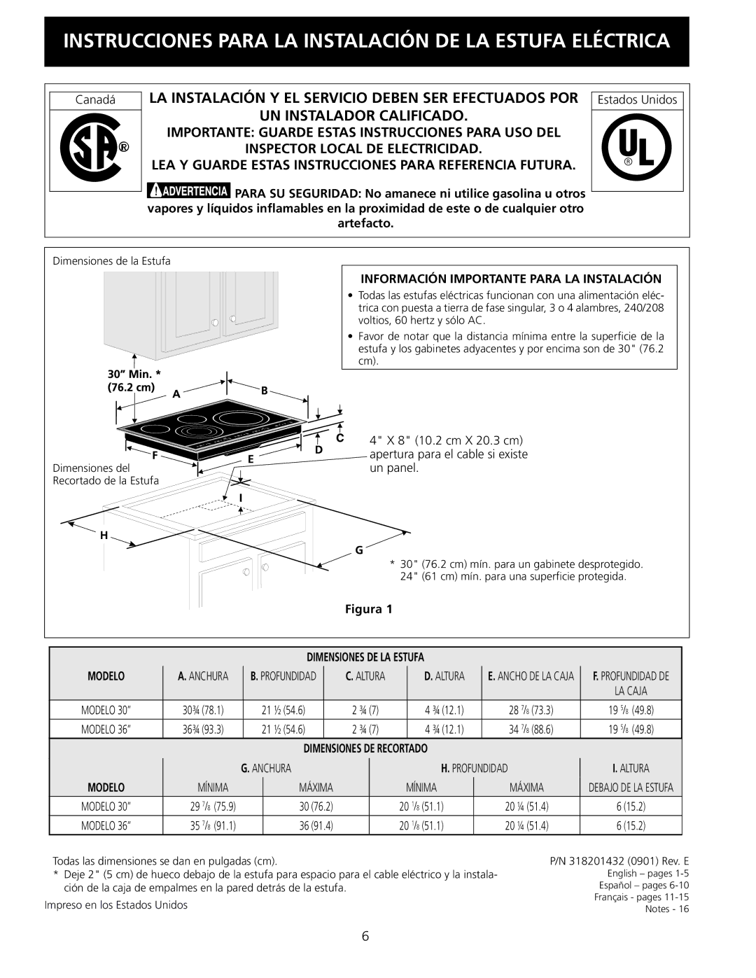 Electrolux 318201432 installation instructions Artefacto, Información Importante Para LA Instalación 