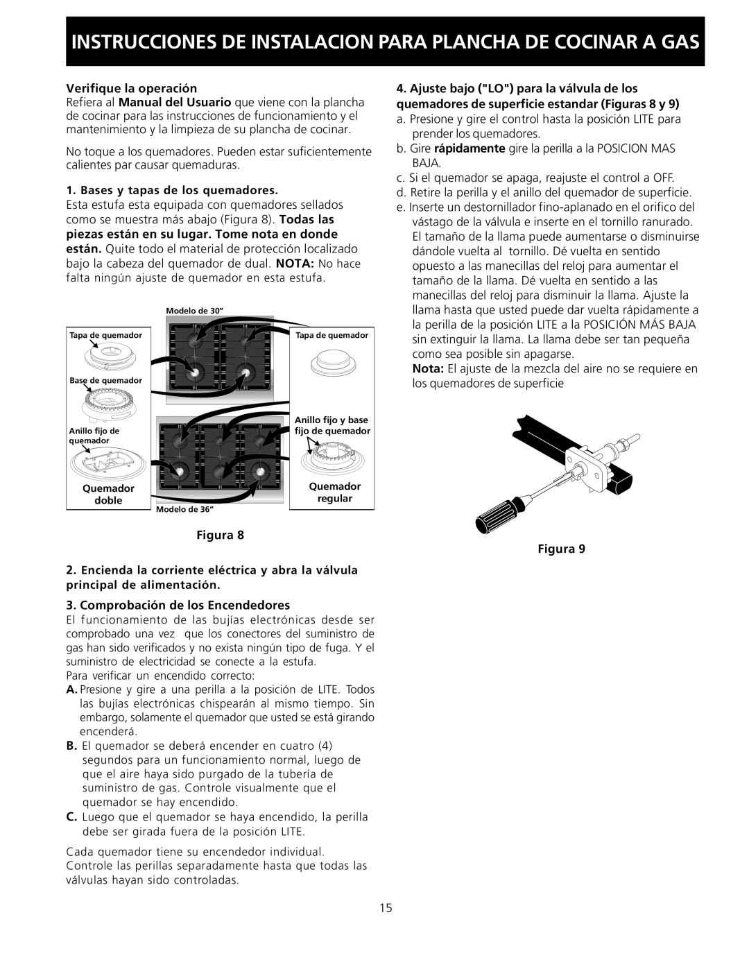 Electrolux 318201475 (0710) Verifique la operación, Bases y tapas de los quemadores, Ajuste bajo LO para la válvula de los 