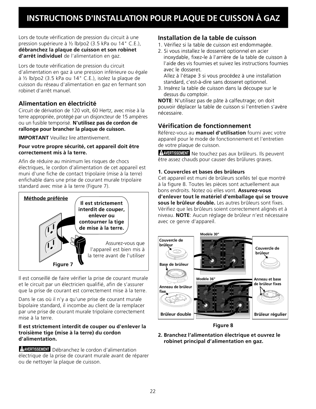 Electrolux 318201475 (0710) installation instructions Alimentation en électricité, Installation de la table de cuisson 