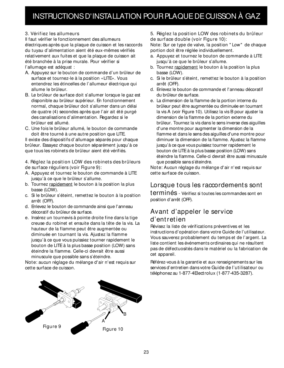 Electrolux 318201475 (0710) installation instructions Avant d’appeler le service d’entretien, Vérifiez les allumeurs 